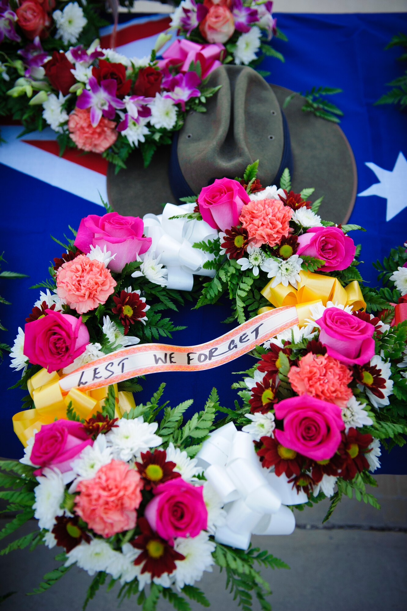 SOUTHWEST ASIA – Wreaths lay on a display honoring Australian and New Zealand service members who have given their life serving in the military for their country since World War I during an Australian and New Zealand Army Corps Day ceremony here April 25, 2012. ANZAC Day commemorates those who fought and died during the Gallipoli Campaign in the Ottoman Empire during World War I and also remembers all service members who have fought and died during conflicts throughout each country’s history.  (U.S. Air Force photo/Staff Sgt. Nathanael Callon)