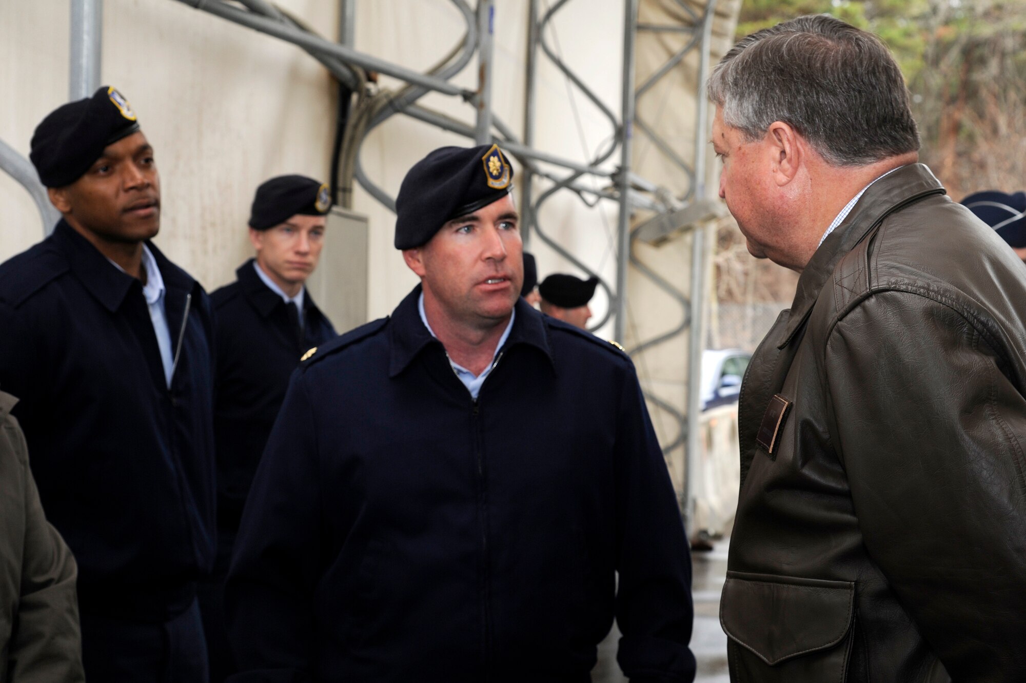 U.S. Air Force Maj. Leo Martin, 35th Security Forces Squadron commander, greets Secretary of the Air Force Michael Donley upon his arrival to the Apple Gate at Misawa Air Base, Japan, April 23, 2012. During the visit, Donley recognized the 35th SFS for being the top security forces squadron in the Air Force.  (U.S. Air Force photo/Tech. Sgt. Marie Brown/Released)
