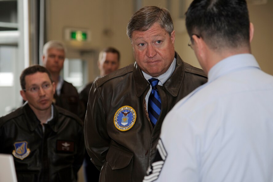 Secretary of the Air Force Michael Donley is briefed by U.S. Air Force Senior Master Sgt. Lee Manley, 35th Civil Engineer Squadron superintendent, during his visit to Fire Station 1 at Misawa Air Base, Japan, April 23, 2012. During the visit, Fire Station 1 showcased their bilateral relationship with the local Japanese fire department.  (U.S. Air Force photo/Tech. Sgt. Marie Brown/Released)

