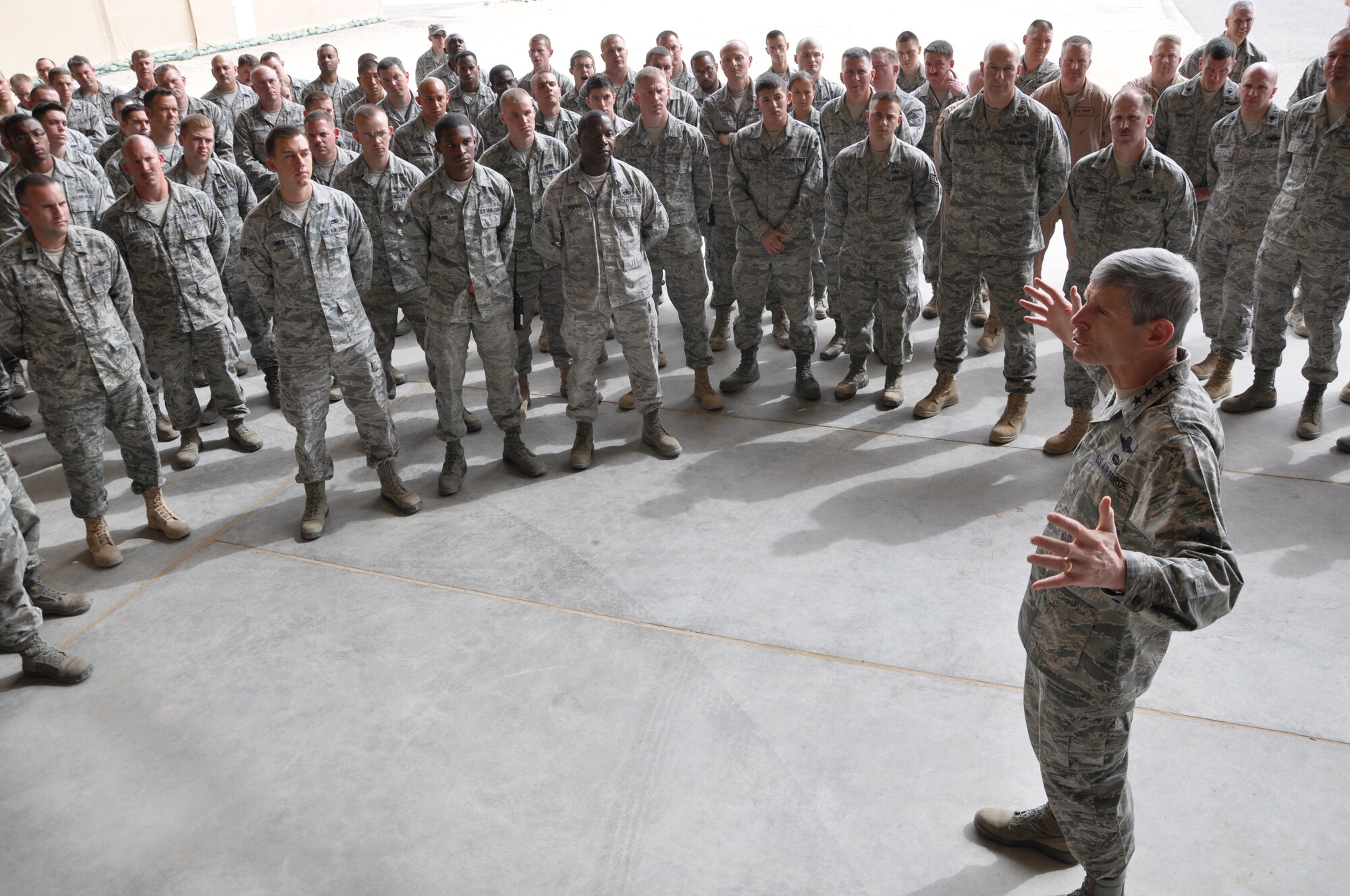 Air Force Chief of Staff Gen. Norton Schwartz speaks to members of the 386th Air Expeditionary Wing, April 21, 2012, at an undisclosed location in Southwest Asia. Schwartz was visiting to meet at speak with deployed members of the 386th Air Expeditionary Wing. (U.S. Air Force photo/Tech. Sgt. Stacy Fowler)