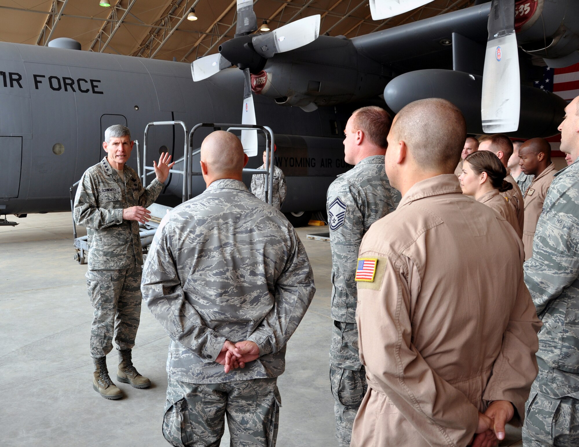 Air Force Chief of Staff Gen. Norton Schwartz speaks to members of the 386th Air Expeditionary Wing, April 21, 2012, at an undisclosed location in Southwest Asia. Schwartz was visiting to meet at speak with deployed members of the 386th Air Expeditionary Wing. (U.S. Air Force photo/Tech. Sgt. Stacy Fowler)