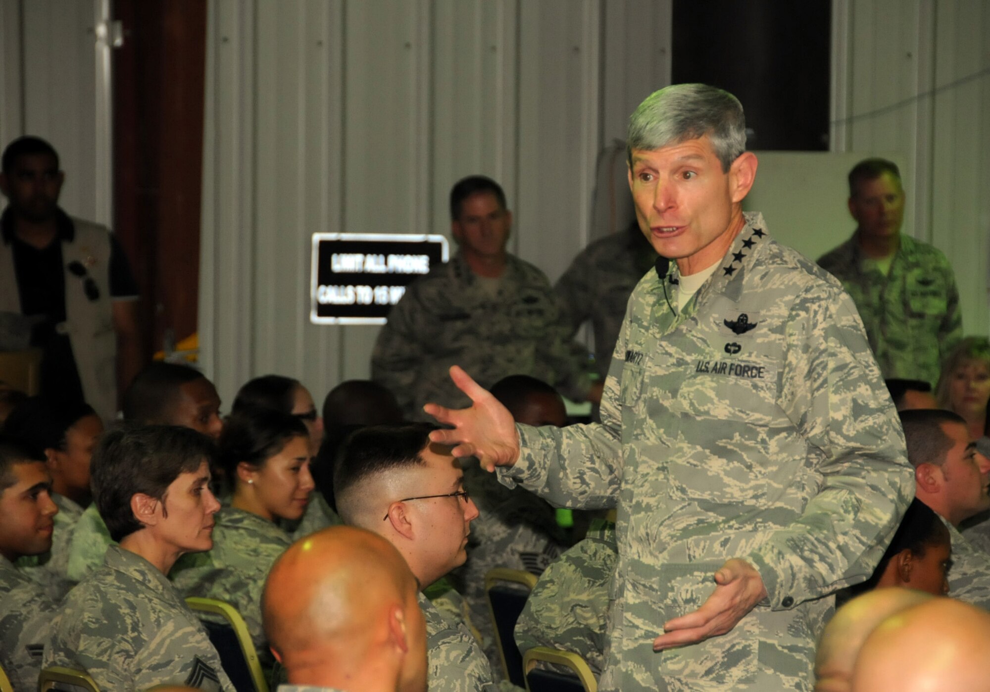 Air Force Chief of Staff Gen. Norton Schwartz speaks to members of the 386th Air Expeditionary Wing, April 21, 2012, at an undisclosed location in Southwest Asia. Schwartz was visiting to meet and speak with deployed members of the 386th Air Expeditionary Wing. (U.S. Air Force photo/Staff Sgt. James Lieth)