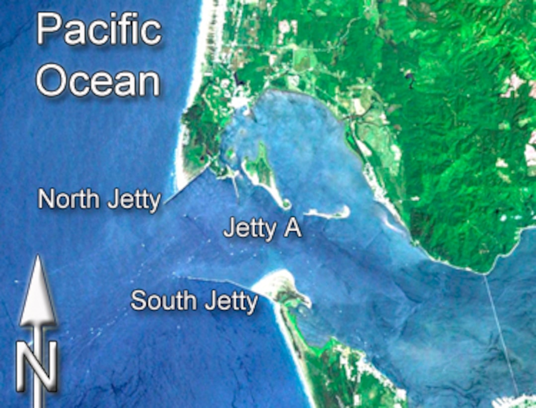 Map showing jetties at the Mouth of the Columbia River.