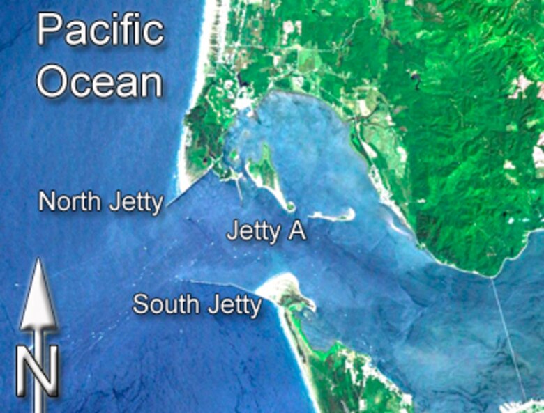 Map showing jetties at the Mouth of the Columbia River.