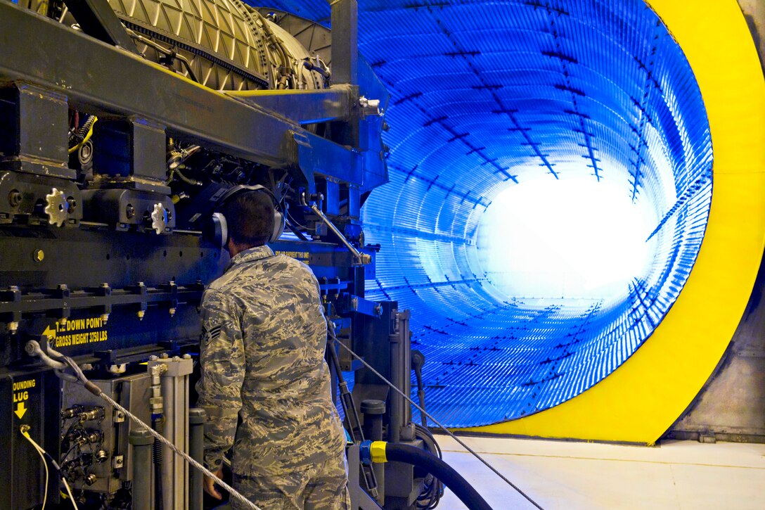 U.S. Air Force Senior Airman Christian Lucero checks the components of an F119-PW-100 jet engine on Holloman Air Force Base, N.M., April 19, 2012. Lucero, an aerospace propulsion engineer, is assigned to the 49th Maintenance Squadron. The F119-PW-100 jet engine is the primary propulsion system for the F-22 Raptor.