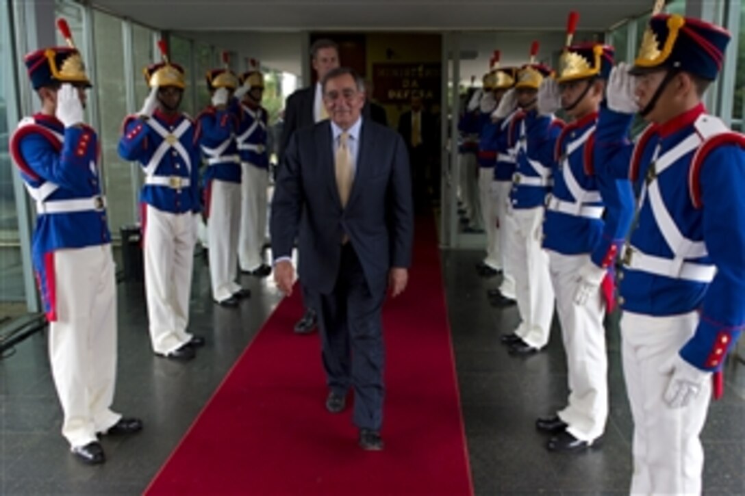 Secretary of Defense Leon E. Panetta departs the Brazilian Ministry of Defense in Brasilia, Brazil, April 24, 2012. Panetta is on a five-day trip to the region to meet with counterparts and military officials in Brazil, Colombia and Chile to discuss an expansion of defense and security cooperation.  