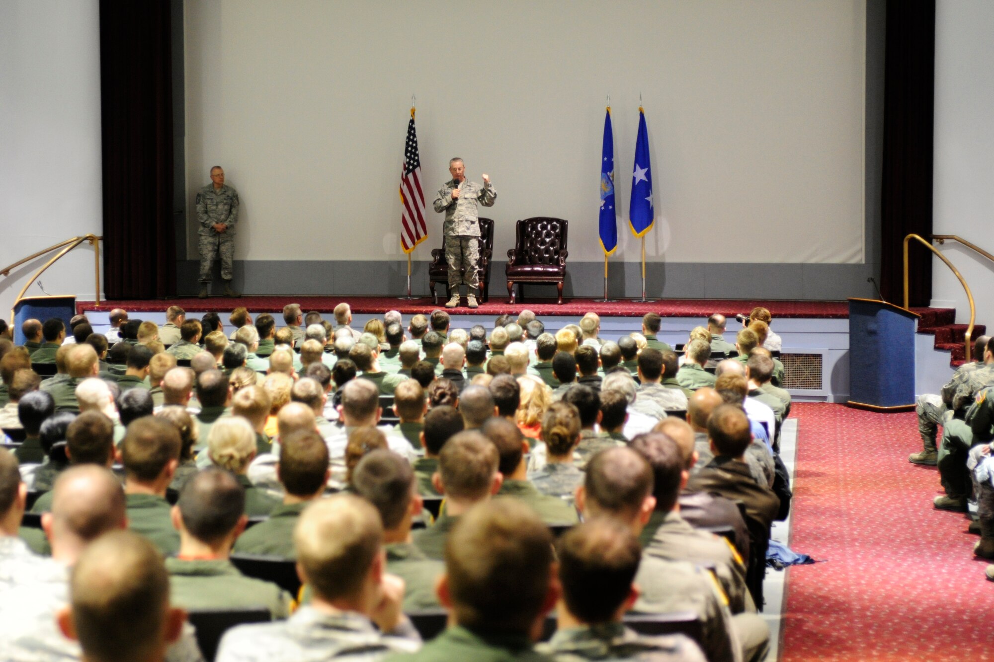 Lt. Gen. Mark Ramsay, 18th Air Force commander, speaks to a group of McChord Field Airmen during an all call April 26, 2012, at Joint Base Lewis-McChord, Wash. "You have faced countless challenges over these past months and you should be proud of the impact you’ve made," he said. (U.S. Air Force photo/Adamarie Lewis-Page)