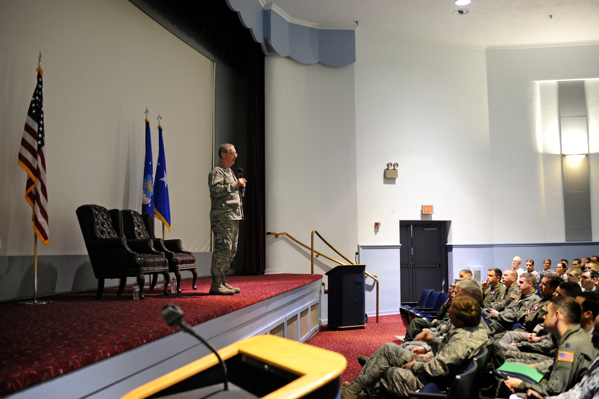 Lt. Gen. Mark Ramsay, 18th Air Force commander, speaks to a group of McChord Field Airmen during an all call April 26, 2012, at Joint Base Lewis-McChord, Wash. During the all call, General Ramsay spoke about 62nd Airlift Wing successes, future budget cuts and JBLM resources. (U.S. Air Force photo/Adamarie Lewis-Page)