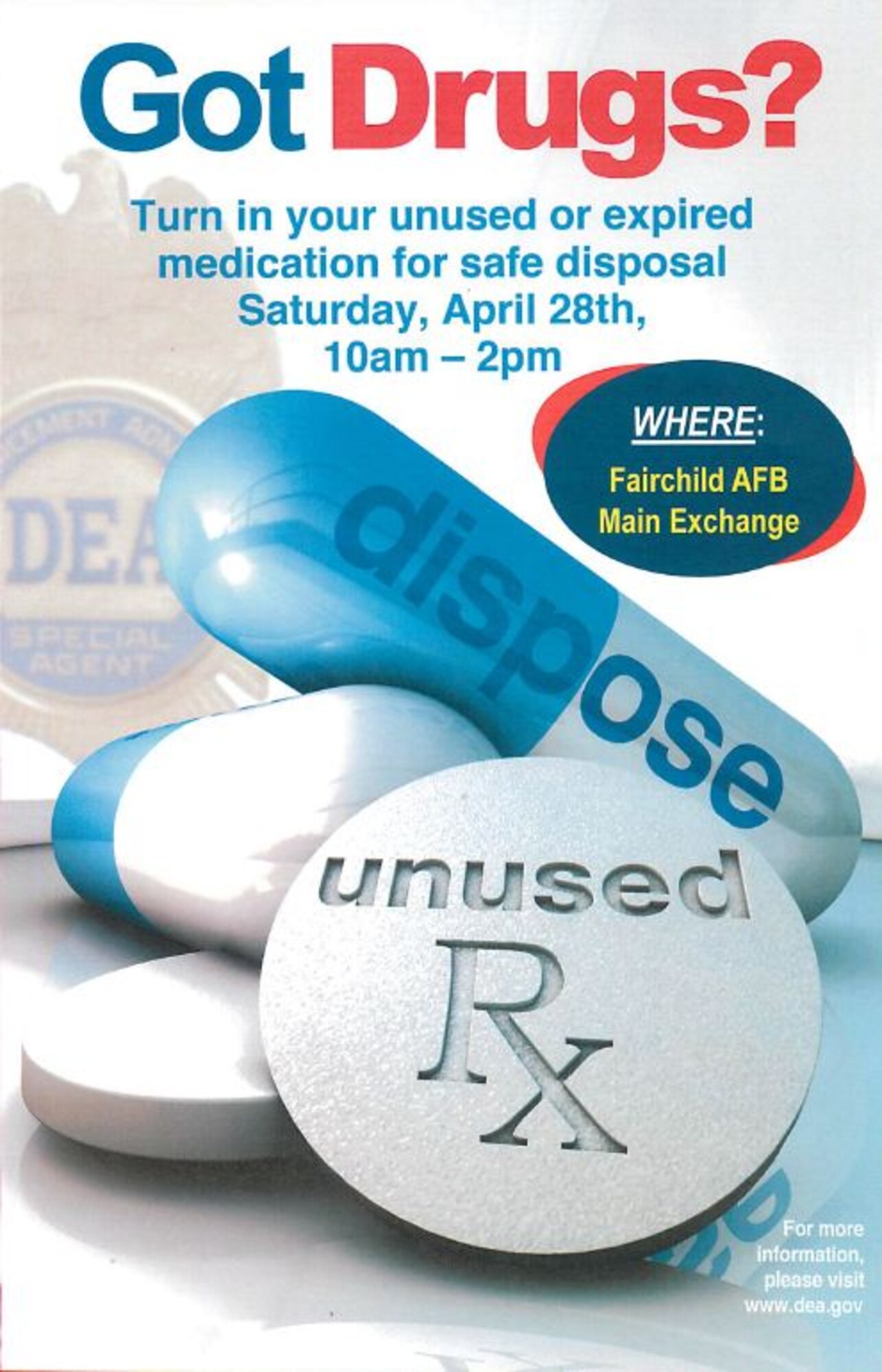 Fairchild Air Force Base, Wash., is having a Drug Take Back event April 28 at the Exchange from 10 a.m. to 2 p.m. (Courtesy graphic)
