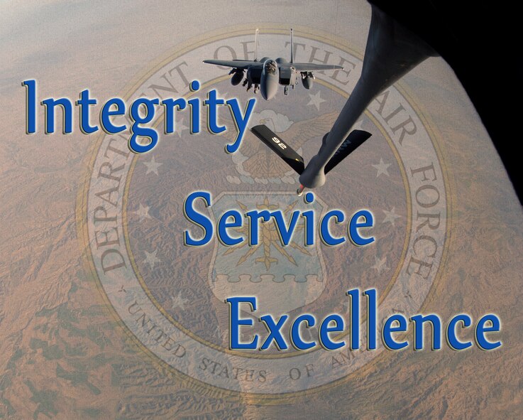 The Air Force core values are integrity first, service before self and excellence in all we do. Lt. Col. Mark Kraby, 92nd Operations Support Squadron commander, at Fairchild Air Force Base, Wash., is no stranger to these values and would like all his Airmen to remember what they mean. (U.S. Air Force graphic by Senior Airman Benjamin Stratton/Released)
