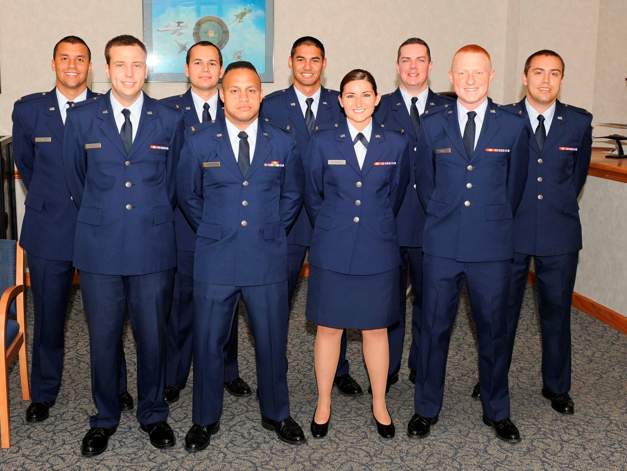 Graduate members of Air Battle Management Class 12010 pose for a celebratory photo after graduating on April 25, 2012. (U.S. Air Force photo by Christopher Cokeing)