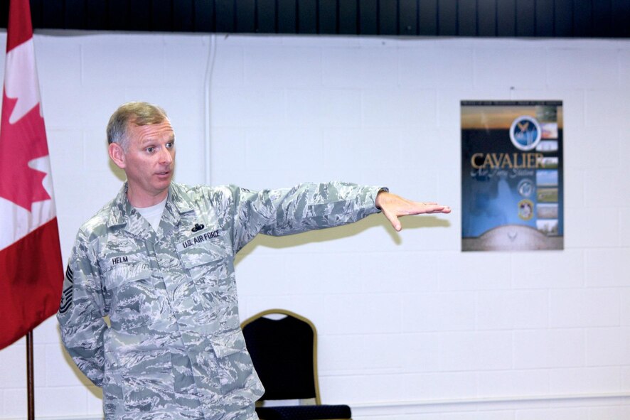 Chief Master Sgt. Jeffry Helm, senior enlisted advisor for the Army & Air Force Exchange Service, speaks during a visit to Cavalier Air Force Station, N.D., April 18, 2012. (U.S. Air Force photo/Capt. Jesse Diaz)
