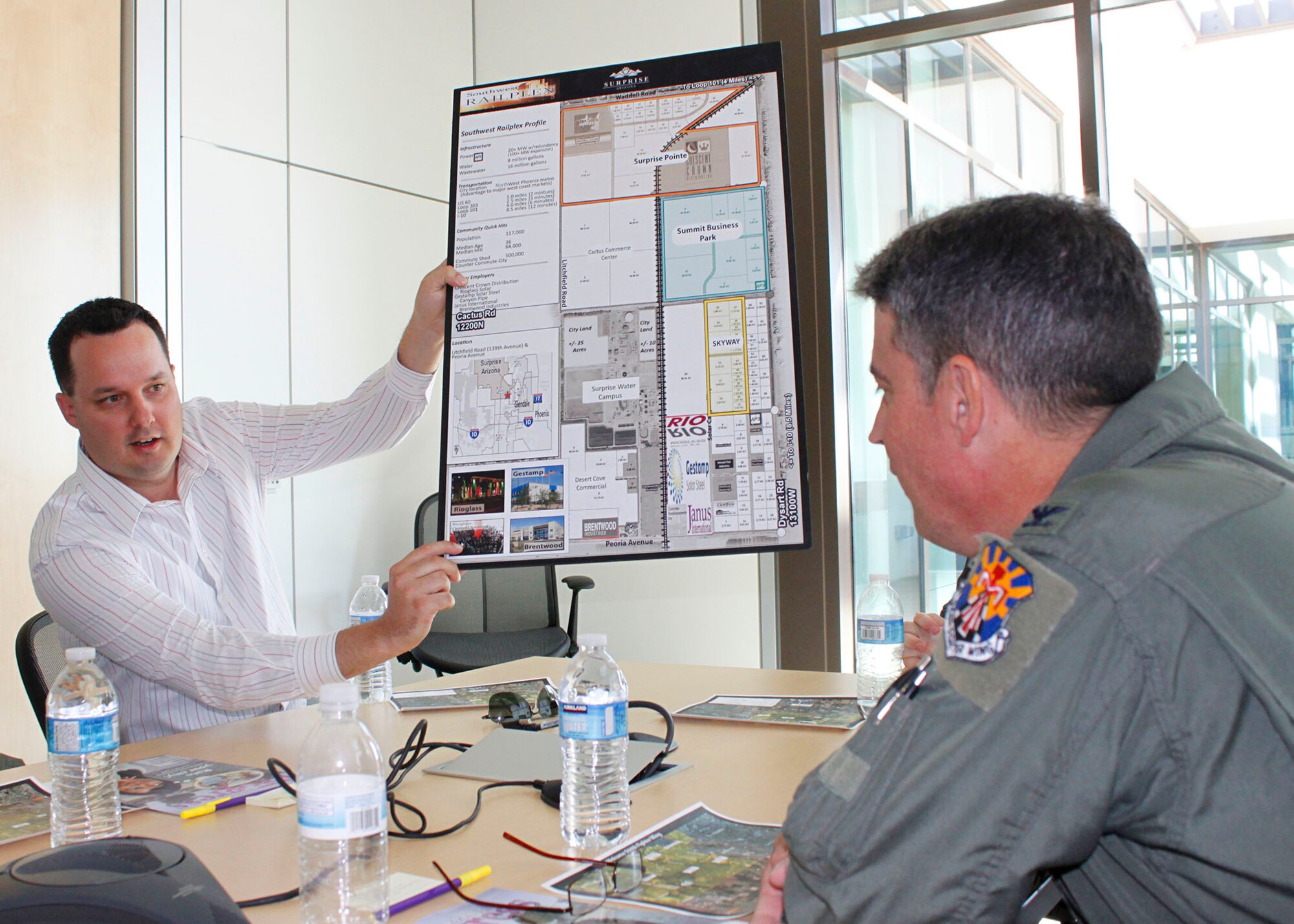 Adam Copeland, City Planner with the City of Surprise, explains the city's highlights to Col. Jose Monteagudo, commander, 944th Fighter Wing, during a special tour April 19, for the Reserve Wing stationed at Luke AFB, Ariz. (U.S. Air Force Photo by Tech. Sgt. Meredith Mingledorff) 