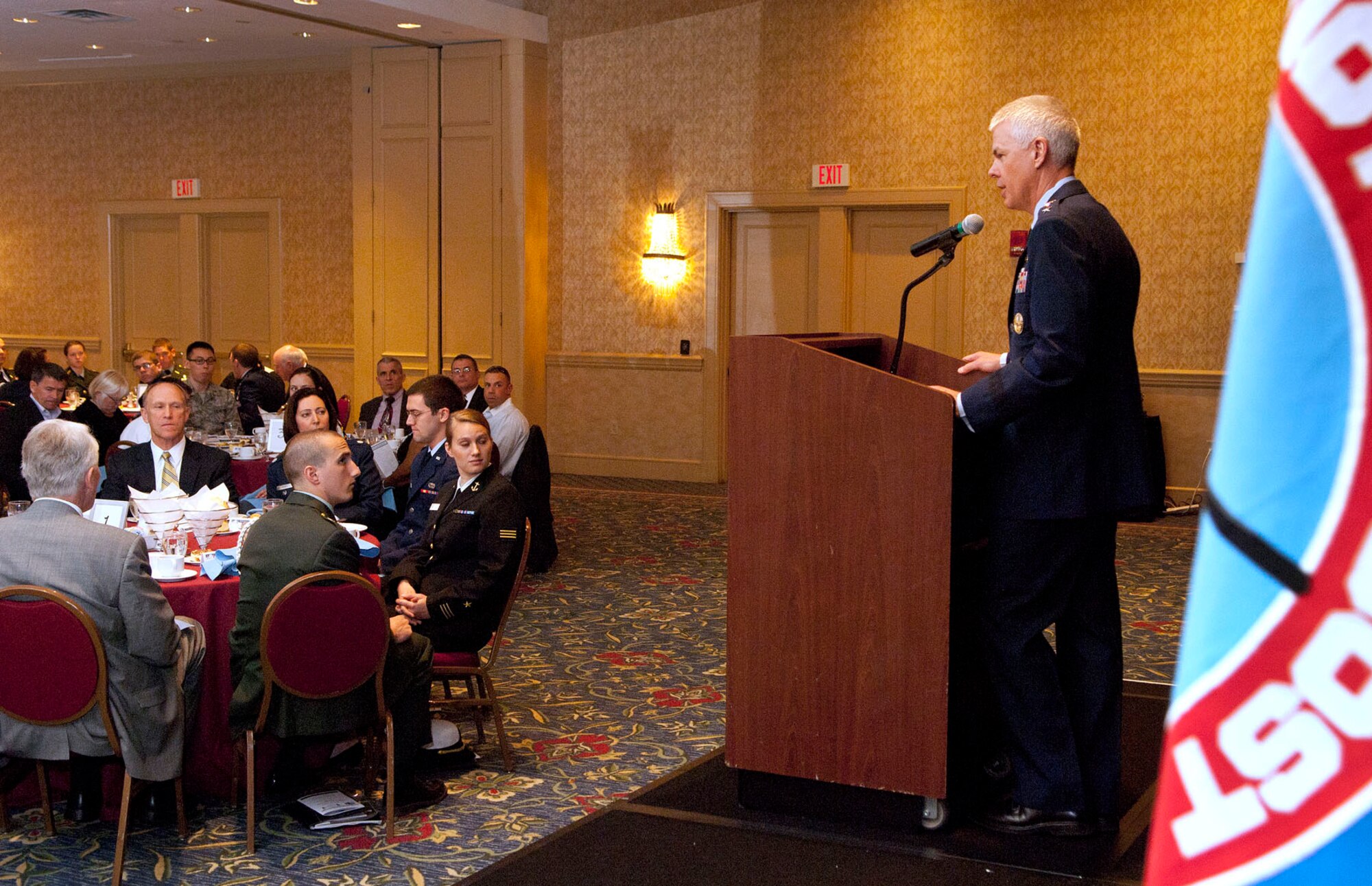 BURLINGTON, Mass. -- Lt. Gen. CR Davis, Electronic Systems Center commander, speaks to ROTC cadets about leadership at the annual Armed Forces Communications and Electronics Association/Association of Old Crows ROTC Scholarship Luncheon at the Burlington Marriott April 20. More than 20 scholarships were awarded to cadets from ROTC programs throughout New England. (U.S. Air Force photo by Mark Wyatt)