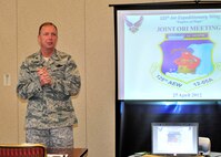 914th Airlift Wing Commander Col. Allan L. Swartzmiller welcomes to the Niagara Air Reserve Station N.Y. the 143rd Airlift Wing, Rhode Island Air National Guard, Wednesday, 23 April, 2012.  Members of Team Niagara, 914th and 107th Airlift Wings, met with functional area representative counterparts of the 143rd to discuss the results of the recently completed Operational Readiness Exercise and to discuss strategies for an even more successful Operational Readiness Inspection scheduled for later this year. (U.S. Air Force photograph by Tech. Sgt. Joseph McKee)