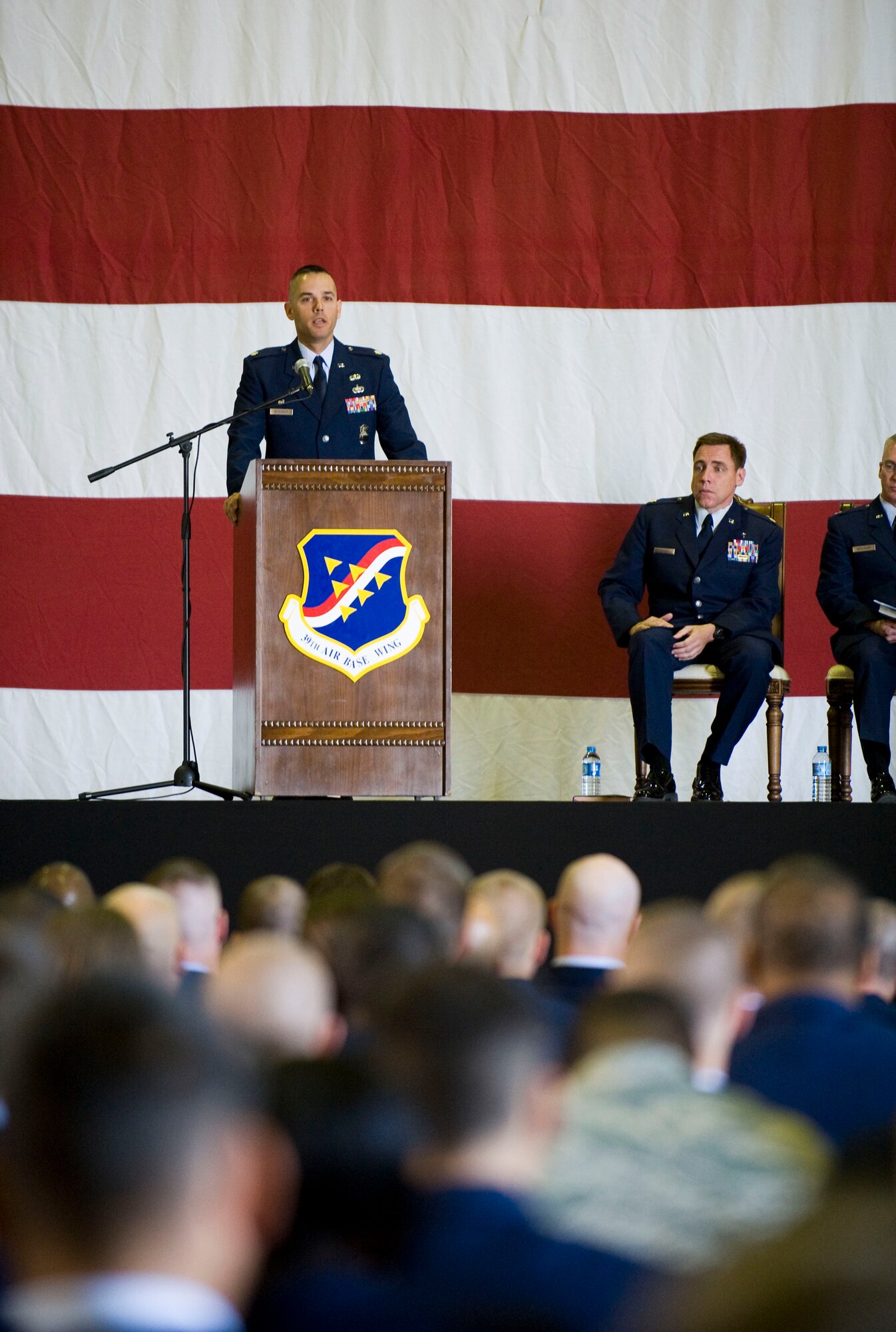 Lt. Col. Brint Woodruff, 39th Security Forces Squadron commander, speaks during the memorial service for Airman 1st Class Floyd Glover April 25, 2012, at Incirlik Air Base, Turkey. The ceremony honored the life of Glover, a member of the 39th SFS Avenger Flight who died April 22. (U.S. Air Force photo by Senior Airman Clayton Lenhardt/Released)
