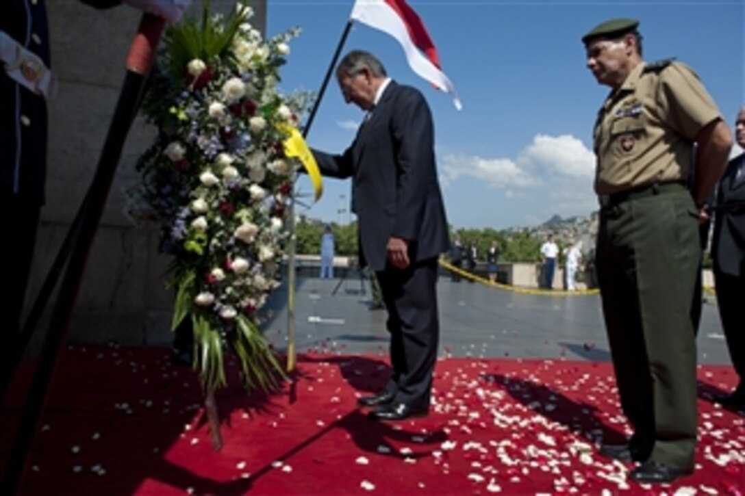Secretary of Defense Leon E. Panetta lays a wreath at Brazil's World War II Memorial in Rio de Janeiro, Brazil, April 25, 2012.  Panetta is on a five-day trip to the region to meet with counterparts and military officials in Brazil, Colombia and Chile to discuss an expansion of defense and security cooperation.  