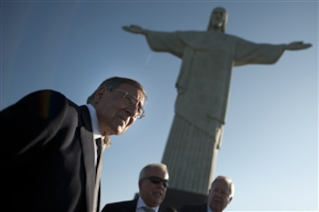 Secretary of Defense Leon E. Panetta visits the Christ the Redeemer statue in Rio de Janeiro, Brazil, April 25, 2012.  Panetta is on a five-day trip to the region to meet with counterparts and military officials in Brazil, Colombia and Chile to discuss an expansion of defense and security cooperation.  