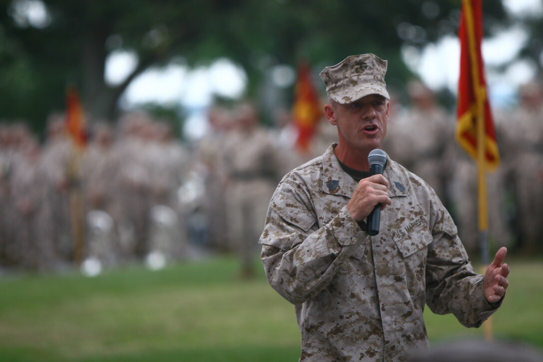 Omaha, Neb., native Sgt. Maj. Bryan K. Zickefoose addresses the audience during the 2nd Marine Division Relief and Appointment ceremony April 27.  During the ceremony, Zickefoose replaced Sgt. Maj. Michael F. Jones, a Clinton, N.C., native, as sergeant major of 2nd Marine Division.  Zickefoose promised the Marines and sailors of the division he would support them, no matter what.  “I want you to remember one thing – iron sharpens iron as one man sharpens another,” said Zickefoose.  “You keep me sharp and I’ll definitely keep you sharp.”  (Official U.S. Marine Corps photo by Cpl. Tommy Bellegarde)