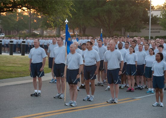 Members of the 23d Maintenance Group, leadership and distinguished visitor Maj. Gen. Mark Atkinson, Air Combat Command director of logistics, fall in for a formation run next to the George W. Bush Air Park at Moody Field April 27, 2012, at Moody Air Force Base, Ga.  During Atkinson’s visit he met with Airmen from different squadrons, participated in the 23d MXG formation run and was the guest speaker for the Maintenance Professional of the Year banquet. ¬¬(U.S. Air Force photo by Senior Airman Eileen Meier/Released)