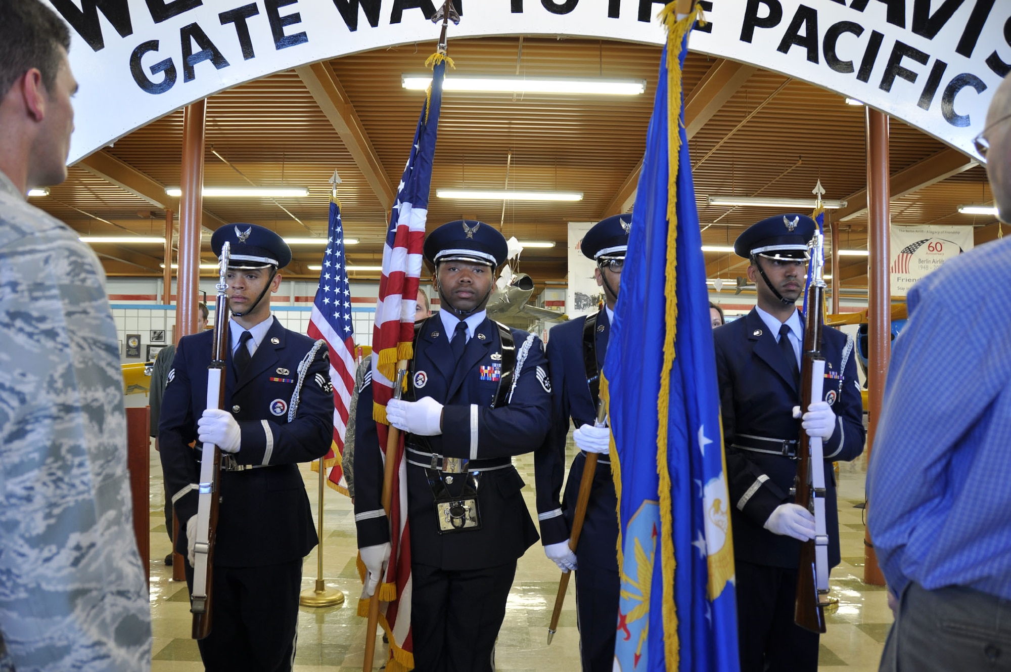 TRAVIS AIR FORCE BASE, Calif. -- The Travis Honor Guard post the colors during the assumption of command ceremony for the 349th Operations Support Flight at Travis Air Force Base, Calif., on April 22, 2012.  (U.S. Air Force photo/Tech. Sgt. Rachel Martinez)