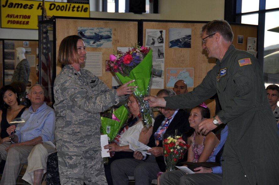 TRAVIS AIR FORCE BASE, Calif. -- Lt. Col. Ruth Meyers addresses the audience as the new commander of the 349th Operations Support Flight during her assumption of command ceremony at Travis Air Force Base, Calif., on April 22, 2012. Prior to becoming the 349th OSF commander, Colonel Meyer served as the 349th Air Mobility Wing Chief of Safety. (U.S. Air Force photo/Tech. Sgt. Rachel Martinez)