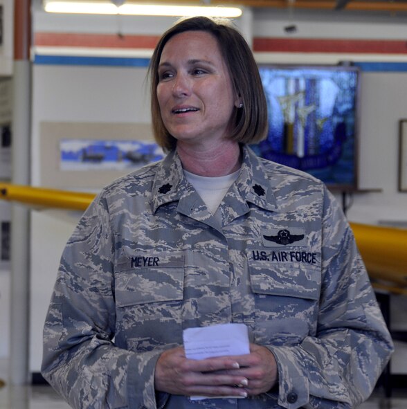 TRAVIS AIR FORCE BASE, Calif. -- Lt. Col. Ruth Meyers addresses the audience as the new commander of the 349th Operations Support Flight during her assumption of command ceremony at Travis Air Force Base, Calif., on April 22, 2012. Prior to becoming the 349th OSF commander, Colonel Meyer served as the 349th Air Mobility Wing Chief of Safety. (U.S. Air Force photo/Tech. Sgt. Rachel Martinez)