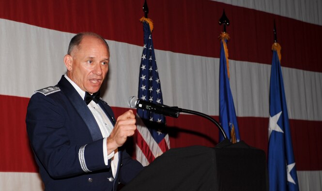 U.S. Air Force Maj. Gen. Mark Atkinson, Air Combat Command director of logistics, gives a speech during the 2011 Maintenance Professional of the Year Banquet at the James H. Rainwater Conference Center in Valdosta, Ga., April 26, 2012. Atkinson spoke about encouraging the 23d Maintenance Group to work toward being the best in the Air Force again in 2012. (U.S. Air Force photo by Airman 1st Class Douglas Ellis/Released)
