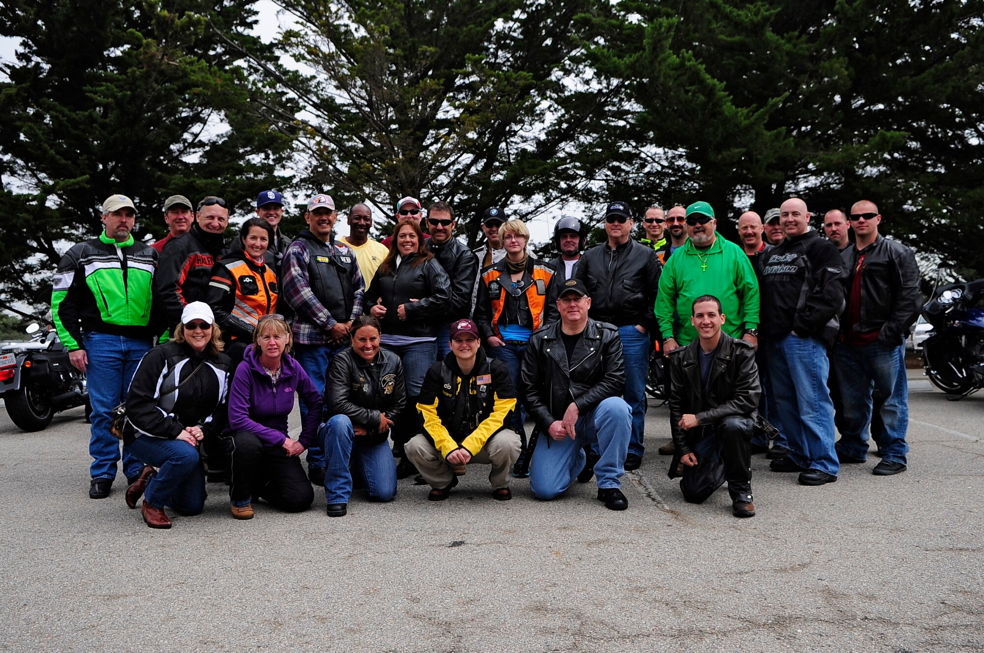 VANDENBERG AIR FORCE BASE, Calif. -- Vandenberg bikers and members of the Green Knights pose for a group photo after arriving safely at Hearst Castle for their tour. The Vandenberg chapter of the Green Knights promote motorcycle safety through mentorship and organized rides. (U.S. Air Force photo/Michael Peterson)