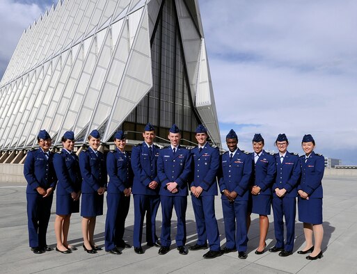 Eleven cadets, shown in this group photo taken April 24, 2012, were recently selected for the Air Force Academy's inaugural Ambassadors of Inclusion program, which will give the cadets experience working for private companies around the world. The program aims to provide cadets with cultural adaptation and self-awareness skills as well as fundamental leadership competencies. (U.S. Air Force photo/Mike Kaplan)