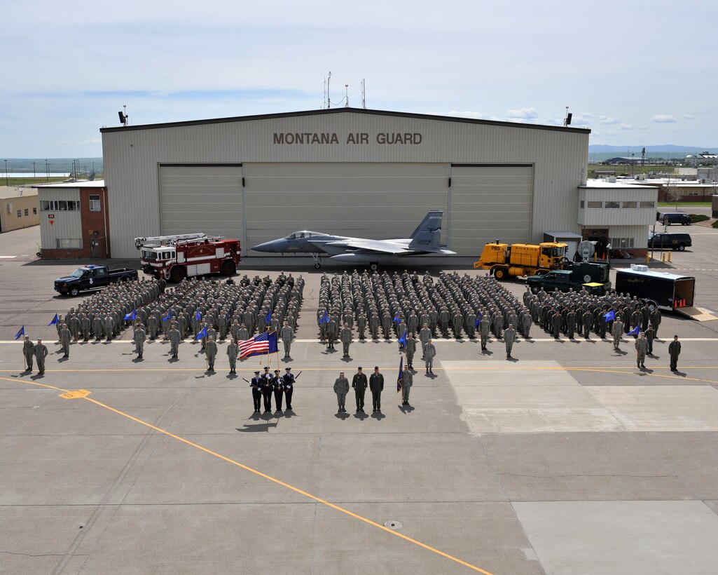 Members of the 120th Fighter Wing stand at parade rest in front of the Main Hangar following a successful Operational Readiness Exercise held on June 6, 2010.  (U.S. Air Force photo by Staff Sgt. John Turner)

