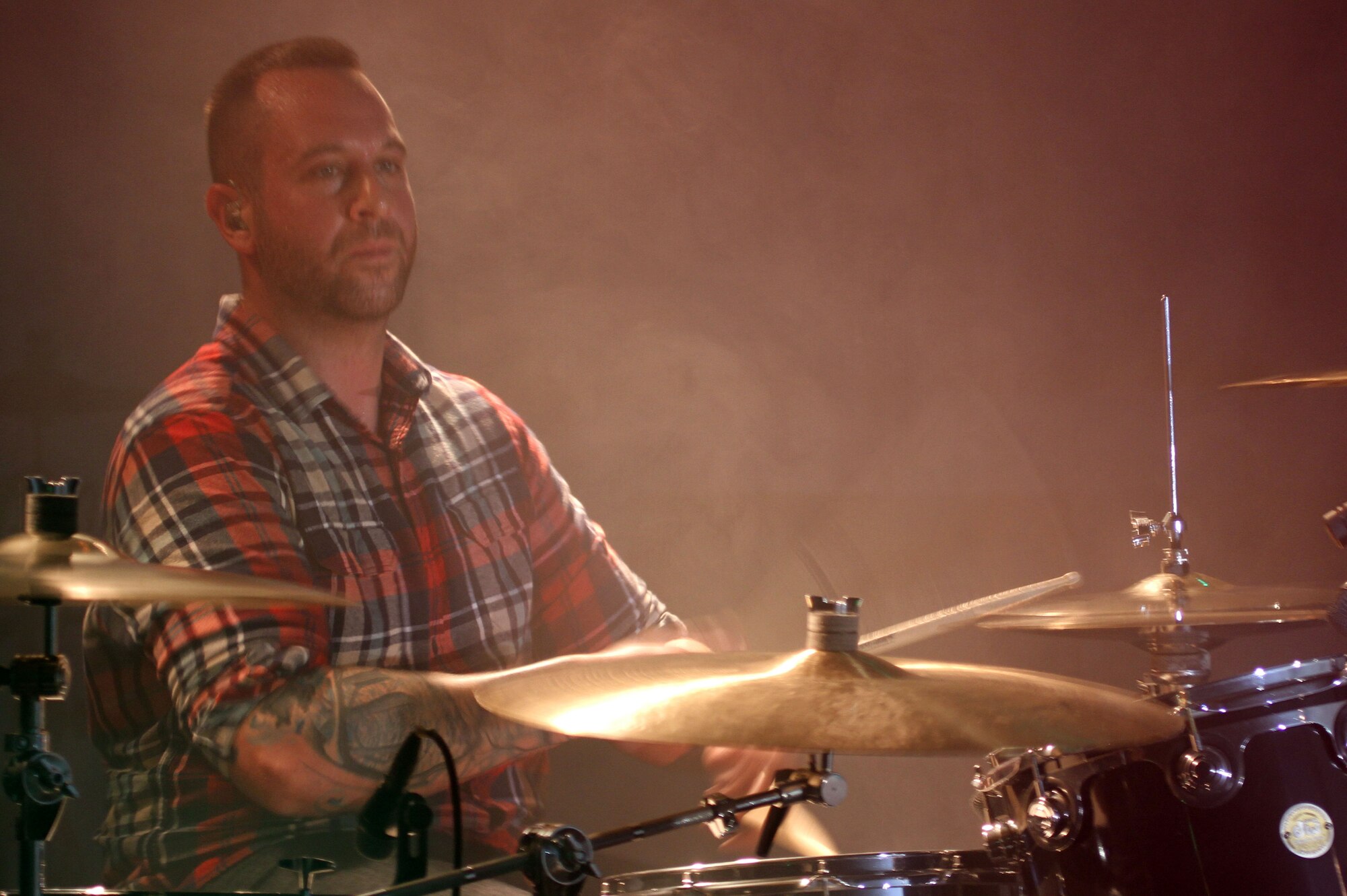 SPANGDAHLEM AIR BASE, Germany – Mark O’Connell, drummer for Taking Back Sunday, a rock band from Rockville N.Y., performs at the Skelton Memorial Fitness Center here April 26. The band played a variety of songs from their albums. The event was sponsored by Navy Entertainment in partnership with Armed Forces Entertainment. Taking back Sunday is touring Germany and the United Kingdom April 24 through May 2. (Courtesy photo/Released)