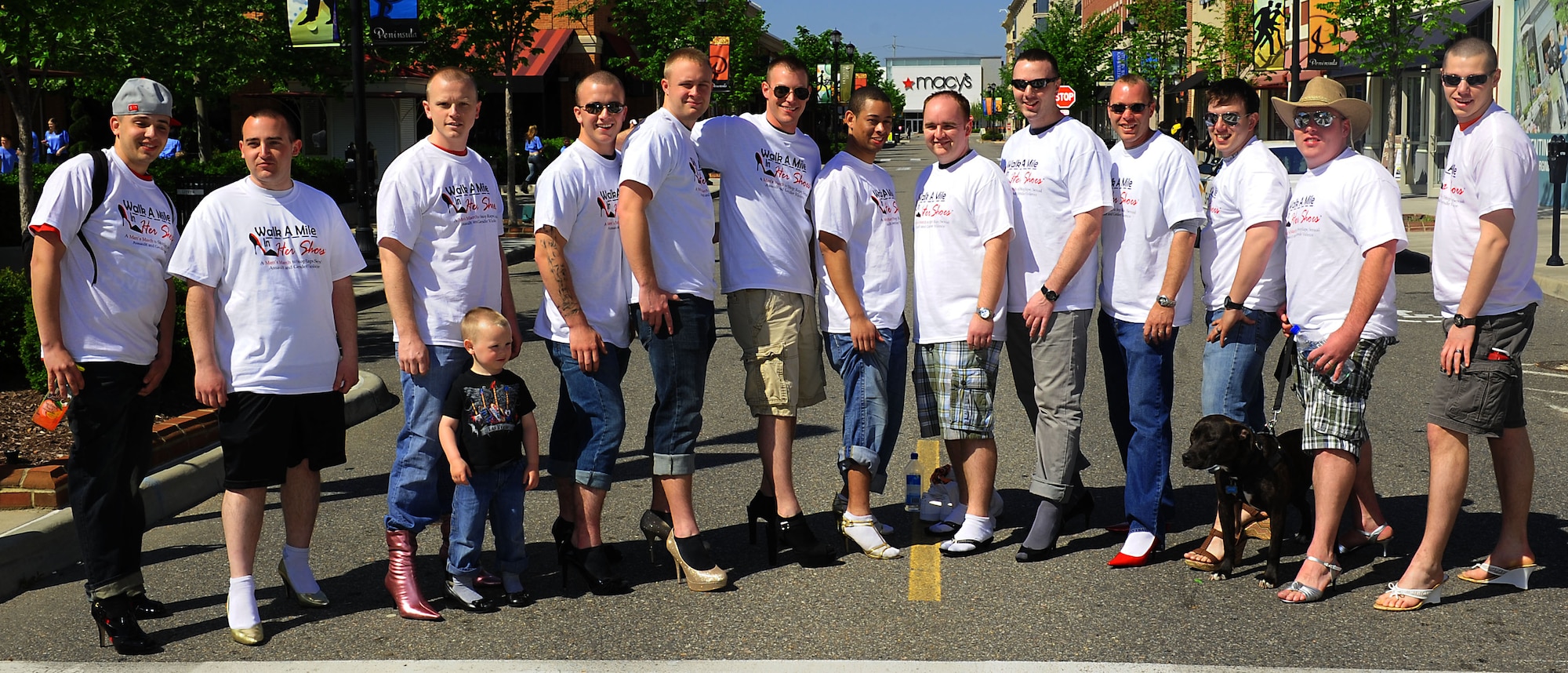Airmen from Langley Air Force Base, Va., raise awareness to sexual violence by participating in the annual “Walk a Mile in Her Shoes” event in Hampton, Va., April 14, 2012.  The march is held annually during Sexual Assault Awareness month as a “fun and entertaining way to bring awareness to the fight against sexual violence.”  (U.S. Air Force photo by Airman 1st Class Kayla Newman/Released)