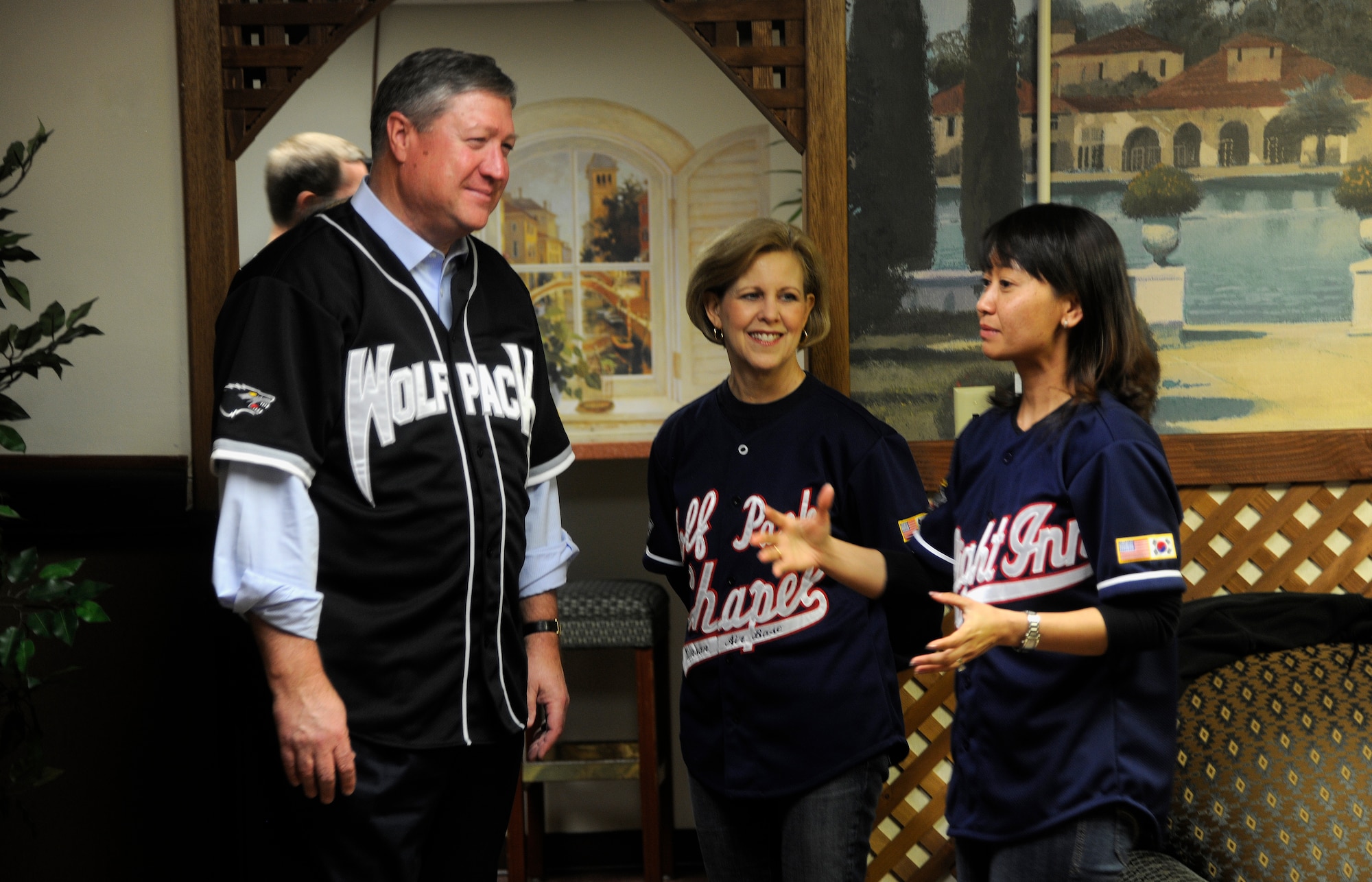 Secretary of the Air Force Michael Donley receives a tour of the Sonlight Inn from Major Christine Blice-Baum, 8th Fighter Wing chaplain and Komang Goins, Sonlight Inn Director, at Kunsan Air Base, Republic of Korea, April 27, 2012. (U.S. Air Force photo/Staff Sgt. Rasheen A. Douglas)