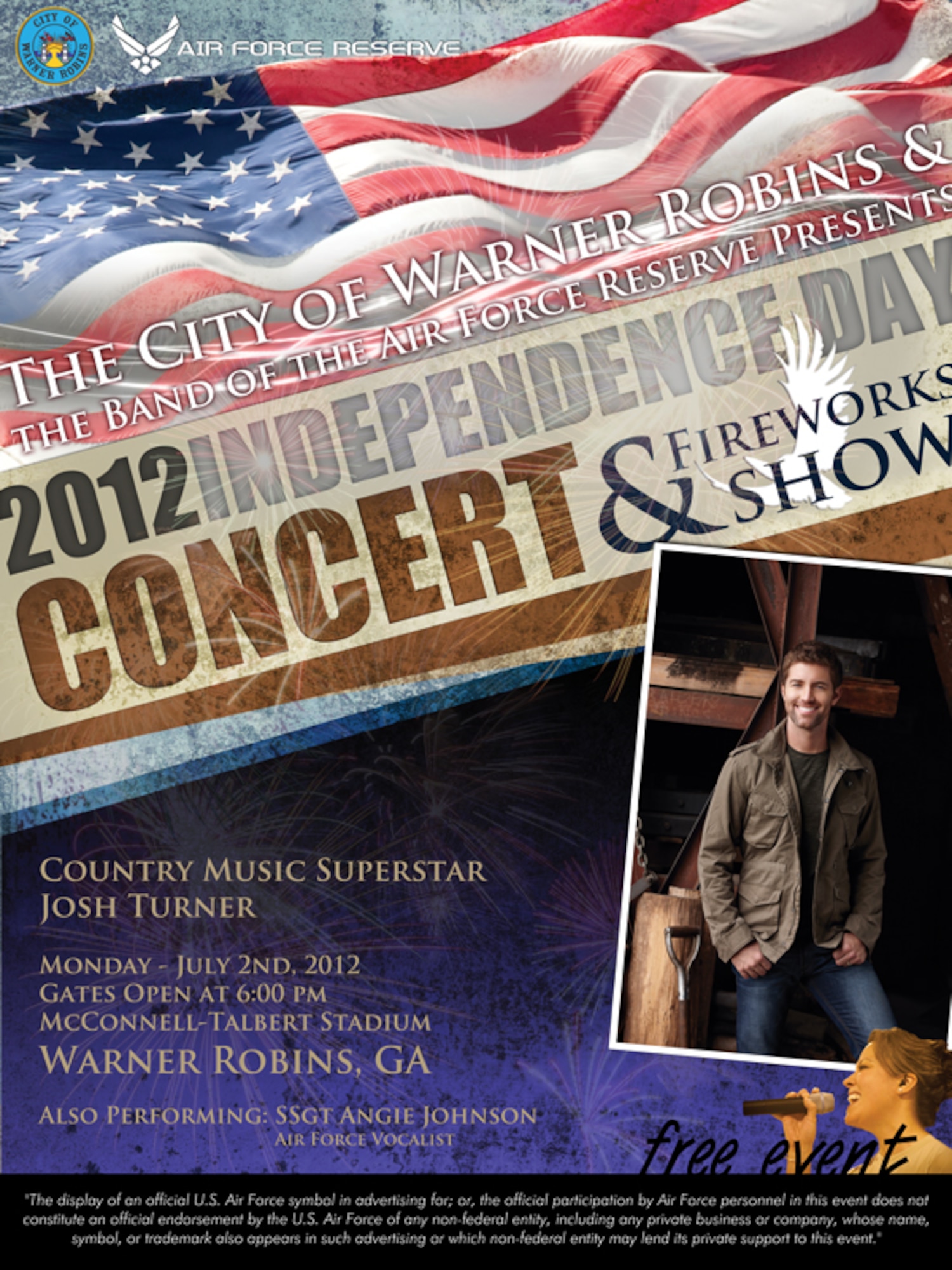 Country superstar Josh Turner will headline the Independence Day Celebration at McConnell Talbert Memorial Stadium on July 2. Turner's fourth number-one single "All Over Me" was named 2011 BMI Song of the Year. Also performing will be Staff Sgt. Angie Johnson, performing with the Band of the U.S. Air Force Reserve. Johnson, a member of the Missouri Air National Guard, rose to fame when the Guard band was featured in a video that went viral on YouTube, drawing more than 1.2 million hits. That video led to her appearance on late-night talk shows, The Voice television show as well as the Guard band's performance at the White House. (U.S. Air Force photo/Staff Sgt. Alexi Saltekoff)