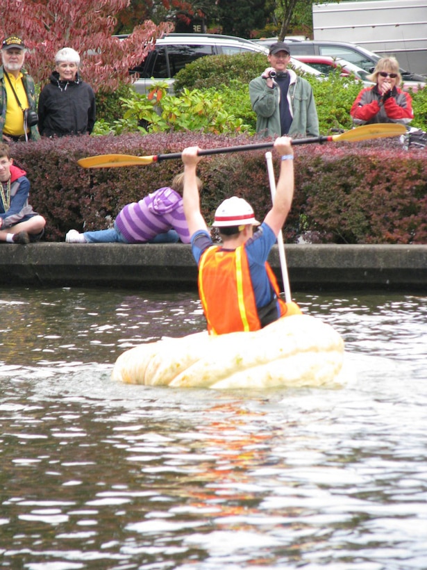 Portland District volunteers raced in the Eighth Annual Tualatin Pumpkin Regatta on Oct. 22, 2011. The eight volunteers, all from the Engineering and Construction Branch, raced Tualatin Valley Fire and Rescue. Each team had four pumpkins, and paddled there-and-back in a two-wave relay. A close race, the victory this year was the third consecutive win for the Portland District team.