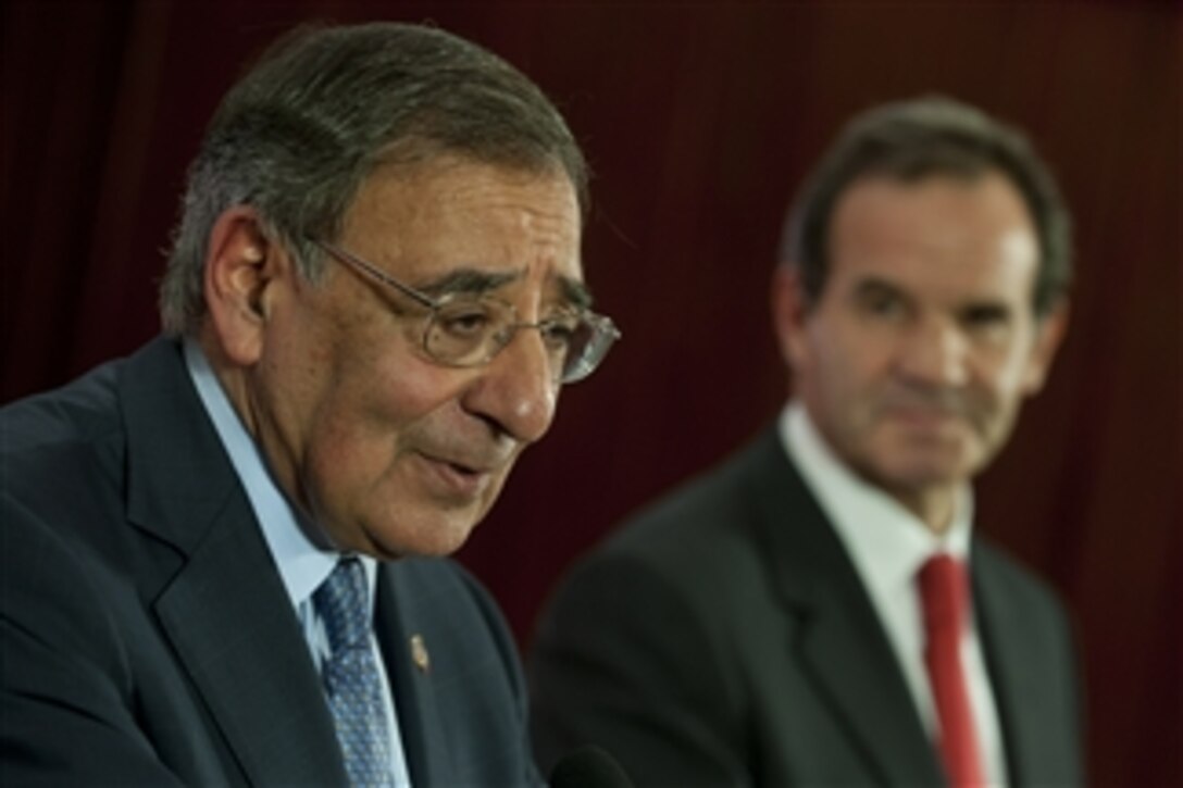 Secretary of Defense Leon E. Panetta addresses the media during a press conference with Chilean Minister of National Defense Andres Allamand in Santiago, Chile, April 26, 2012.  Panetta is on a five-day trip to the region to meet with counterparts and military officials in Brazil, Colombia and Chile to discuss an expansion of defense and security cooperation.  