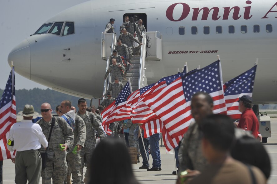 SHAW AIR FORCE BASE, S.C. - U.S. Air Force members from the 79th Fighter Squadron and Tiger Aircraft Maintenance Unit return home to Shaw Air Force Base, S.C. after a seven-month deployment. The 79th FS flew the last two combat Air Force aircraft over Iraq while providing top cover for the last convoys leaving the country.  (U.S.  Air Force photo by Master Sgt. Cohen A. Young/Released)