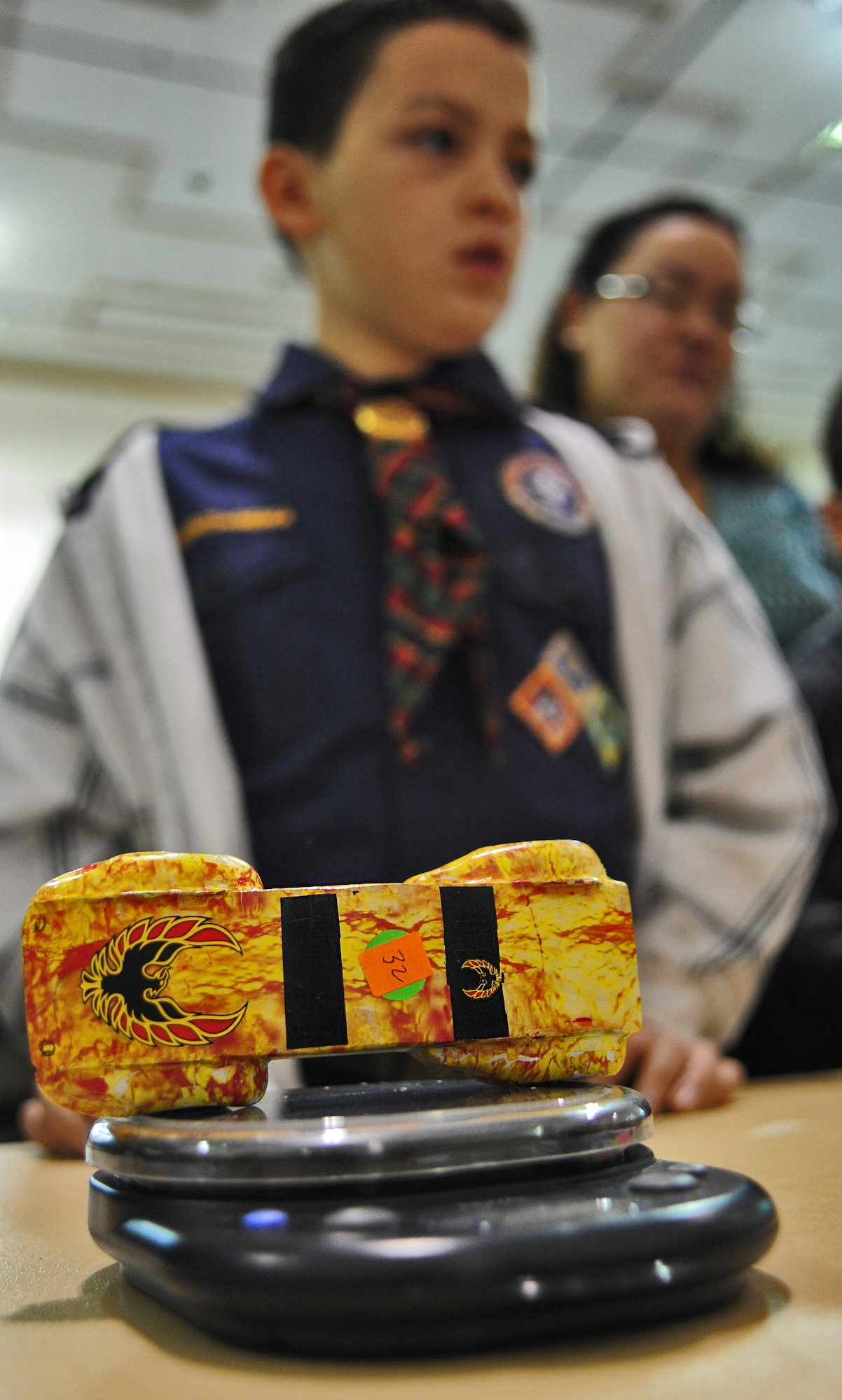 WARRENSBURG, Mo. -- A model car is weighed during a Cub Scout District Pinewood Derby at First United Methodist Church April 14. Dependents from Whiteman Air Force Base who are in Knob Noster’s Troop 509 and Cubs from six other Cub Scout Packs in the local area attended the event. (U.S. Air Force photo/Senior Airman Nick Wilson)