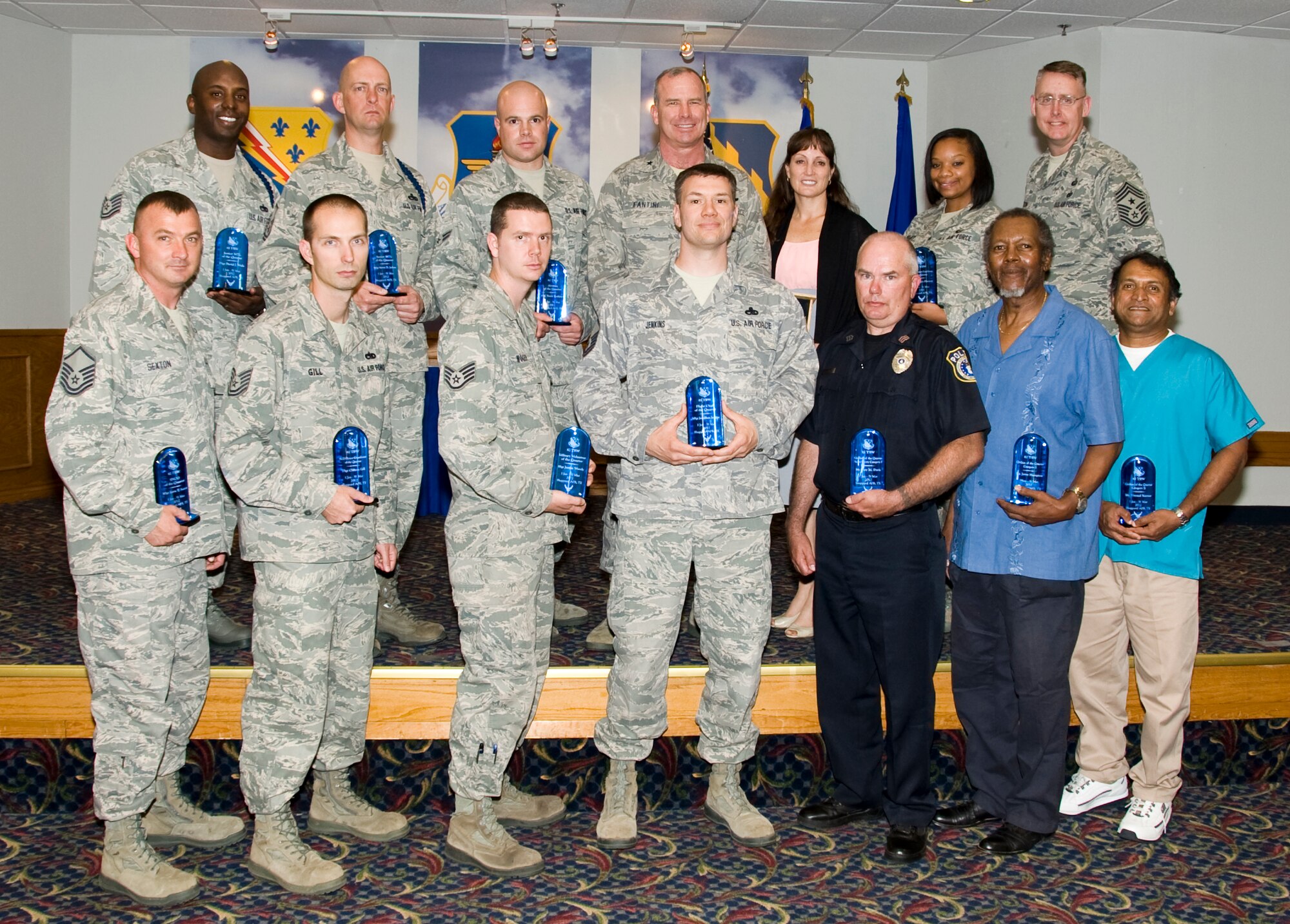Brig. Gen. Michael Fantini, 82nd Training Wing commander, poses with the wing's quarterly award winners April 26, 2012.  The winners were announced during the wing's quarterly awards luncheon at the Sheppard Club. (U.S. Air Force photo/Frank Carter)