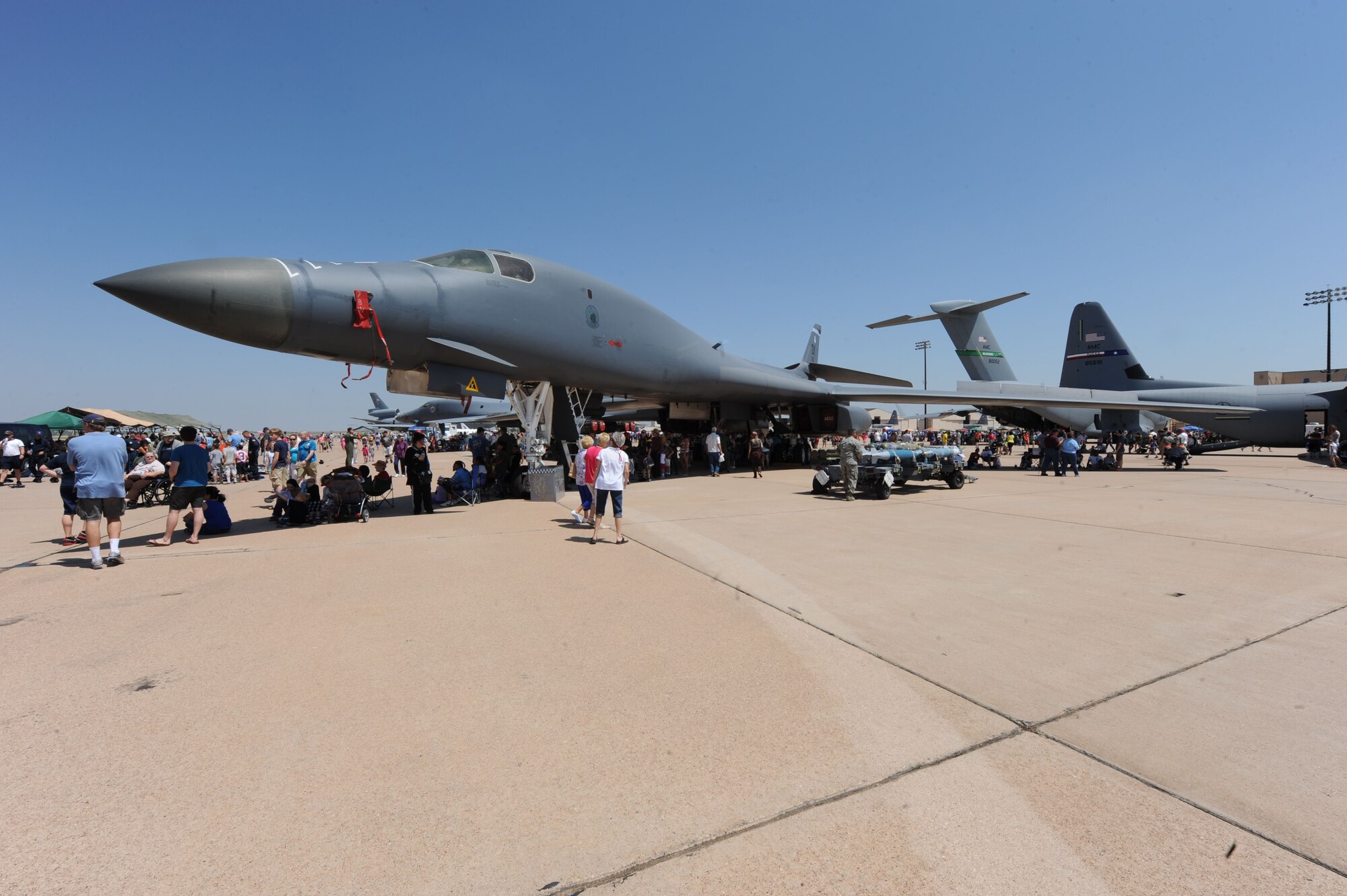 A B-1 Bomber sits on display during the Dyess Big Country Airfest April 28, 2012, at Dyess Air Force Base, Texas. The Airfest was designed to inform the public about the capabilities, equipment, training and professionalism of the Air Force and its sister services. (U.S. Air Force photo by Staff Sgt. Richard P. Ebensberger/ Released)