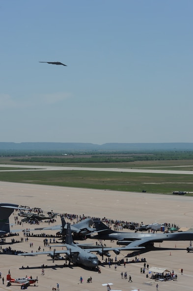 A B-2 Sprit from 509th Bomb Wing, Whiteman AFB, Mo., performs a flyover during the Dyess Big Country Airfest April 28, 2012, at Dyess Air Force Base, Texas. The Airfest was designed to inform the public about the capabilities, equipment, training and professionalism of the Air Force and its sister services. (U.S. Air Force photo by Staff Sgt. Richard P. Ebensberger/ Released)