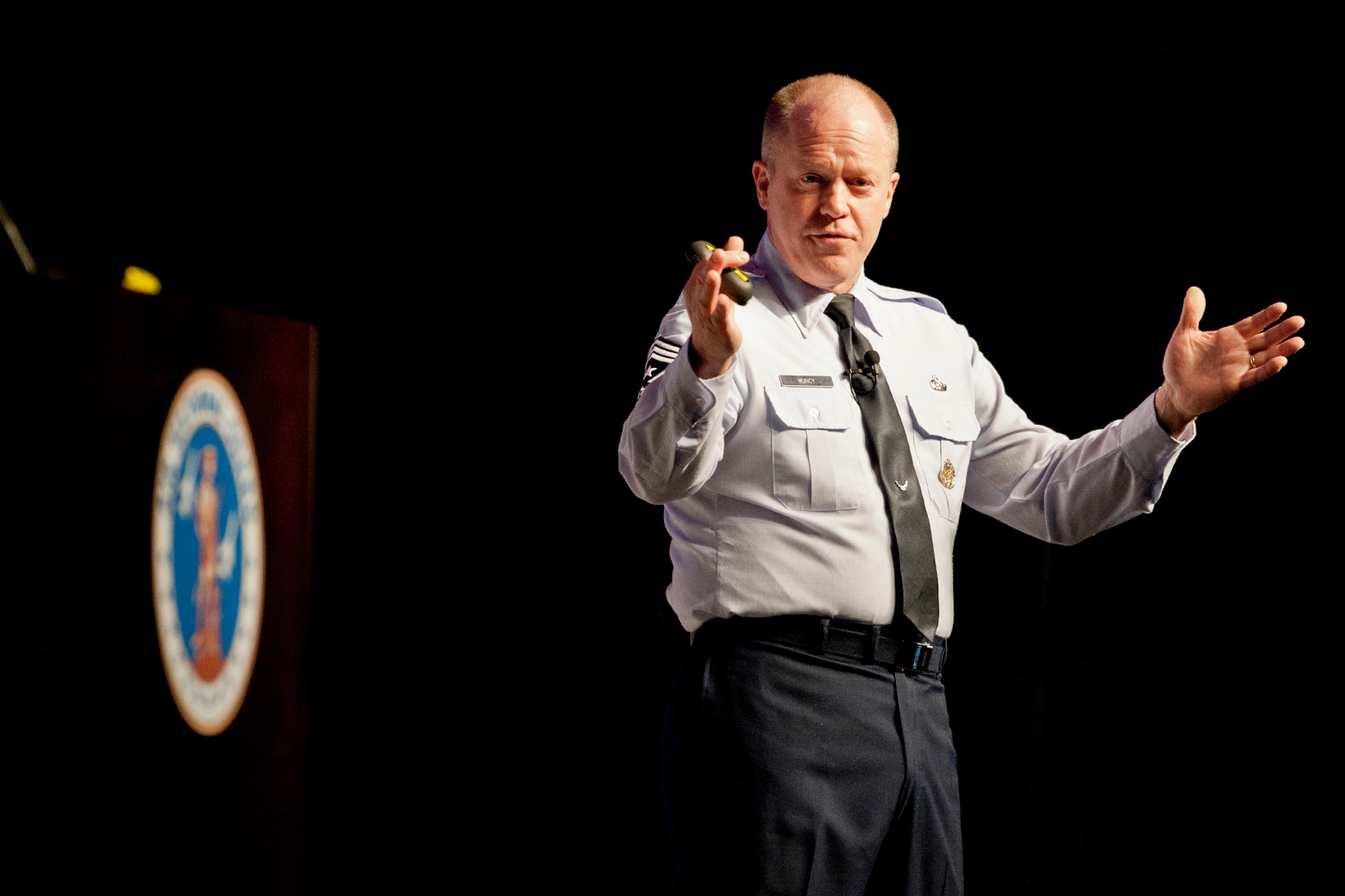 Chief Master Sgt. Christopher Muncy, the Command Chief of the Air National Guard answers a question after the Director's Adjutants General Luncheon at the Executive Safety Summit in Milwaukee, Wis., April 24, 2012. The Air National Guard Safety Directorate is facilitating its annual ESS covering safety and many other critical topics for all executive leadership for the ANG. (National Guard Photo by Master Sgt. Marvin Preston/RELEASED)