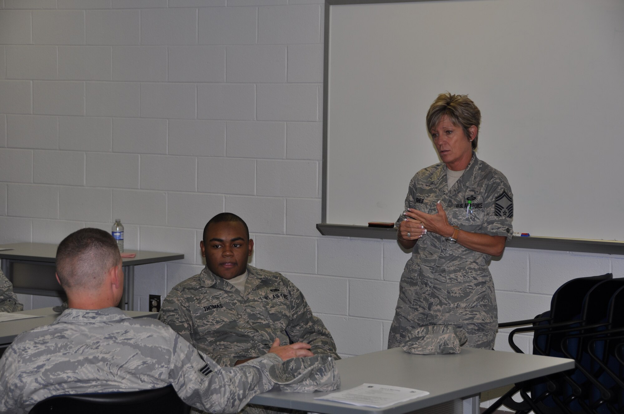 Senior Master Sgt. Joy E. Hughes, chief of education and training for the 94 Airlift Wing, mentors Airmen on a daily basis.  Hughes is the current president of the Dobbins Top Three and will likely be among those called upon to mentor members of the First Four.  (U.S. Air Force photo/Airman 1st Class Elizabeth Gaston)