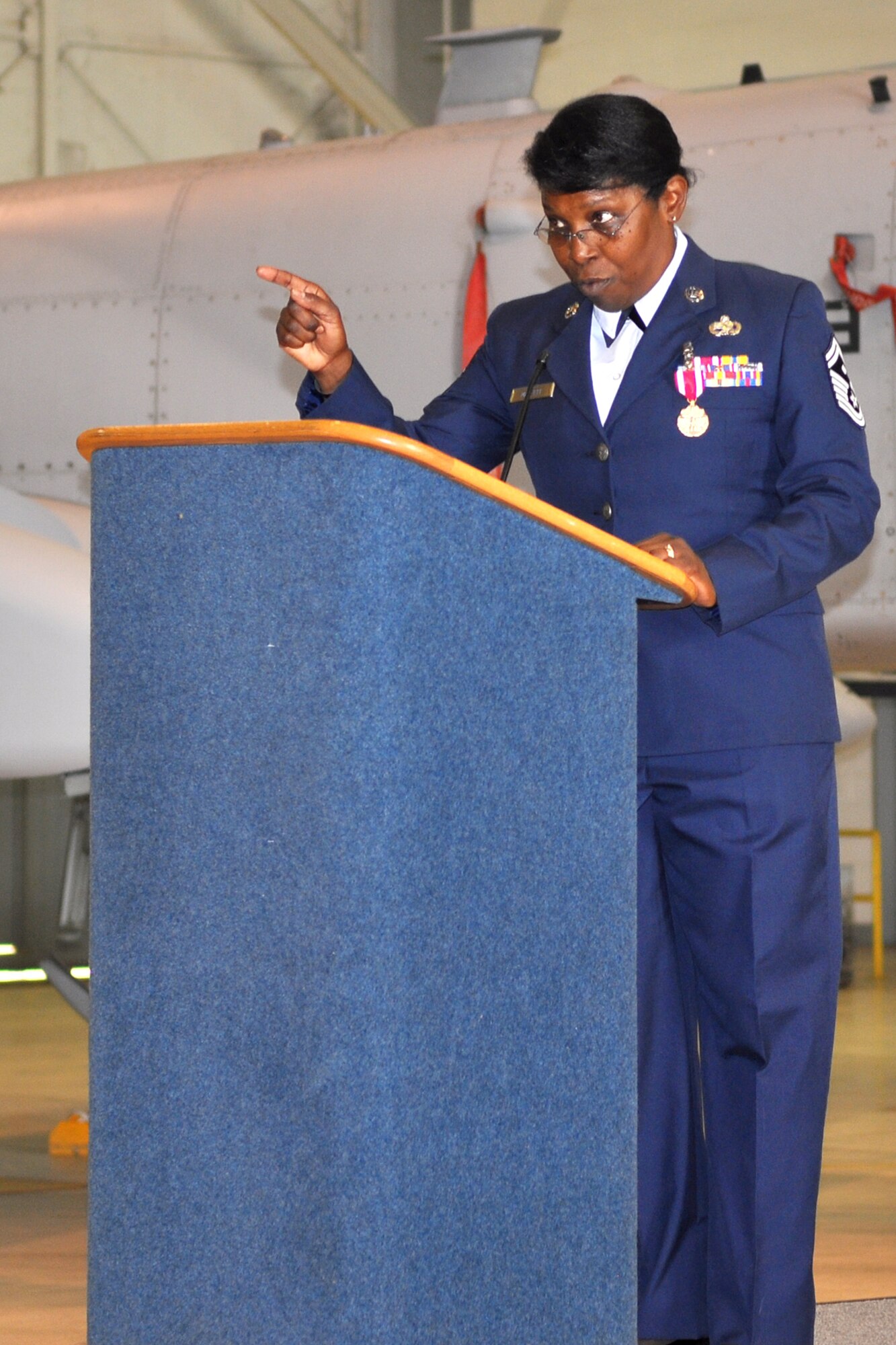 U.S. Air Force Senior Master Sgt. Margaret Maffett, 917th Aircraft Maintenance Squadron first sergeant, speaks to the audience during her retirement ceremony at Barksdale Air Force Base, La., April 27, 2012. Maffett retired from the Air Force Reserve after more than 30 years of service. (U.S. Air Force photo by Betty Stephens/Released)
