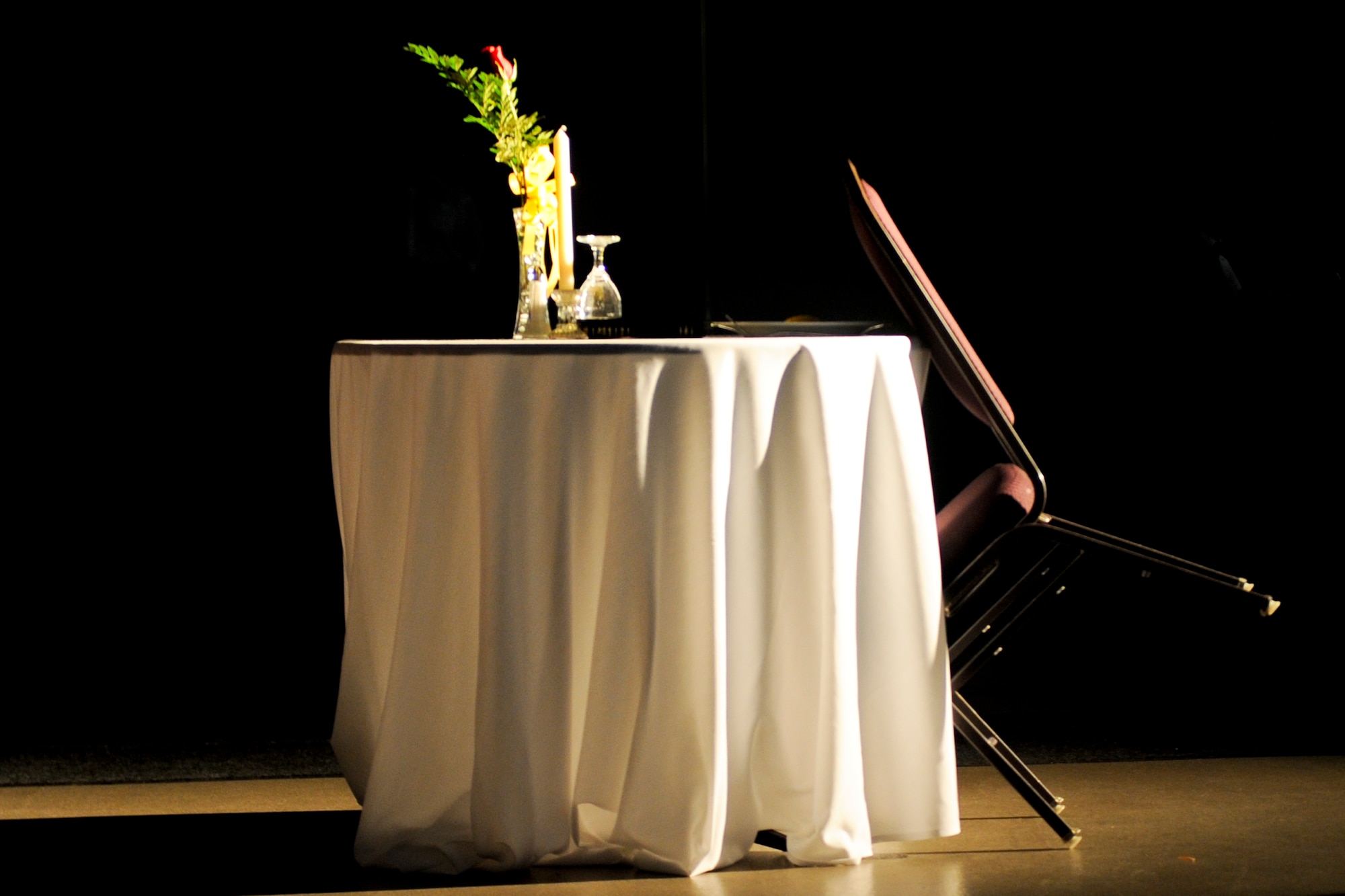 A table display honors prisoners of war and those missing in action during the 2011 Maintenance Professional of the Year Banquet at the James H. Rainwater Conference Center in Valdosta, Ga., April 26, 2012. The table symbolizes the members of each profession of arms who are still missing. (U.S. Air Force photo by Airman 1st Class Douglas Ellis/Released)