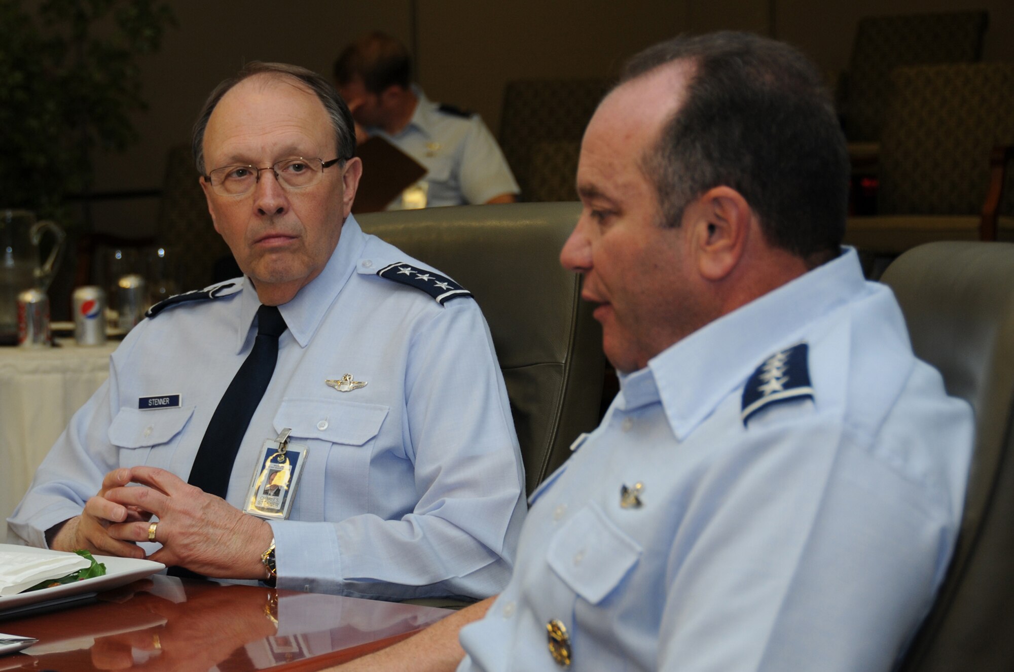 ROBINS AIR FORCE BASE, Ga. -- Lt. Gen. Charles E. Stenner, Jr., commander,  Air Force Reserve Command, discusses command issues with Gen. Philip Breedlove, Air Force vice chief of staff, during a two-hour visit to AFRC headquarters April 30, 2012. Stenner and the command’s senior staff briefed U.S. Congressman Austin Scott, (R-GA) and Breedlove on manpower, budget, Total Force Integration initiatives and the Force Generation Center. (U.S. Air Force photo/Philip Rhodes) 