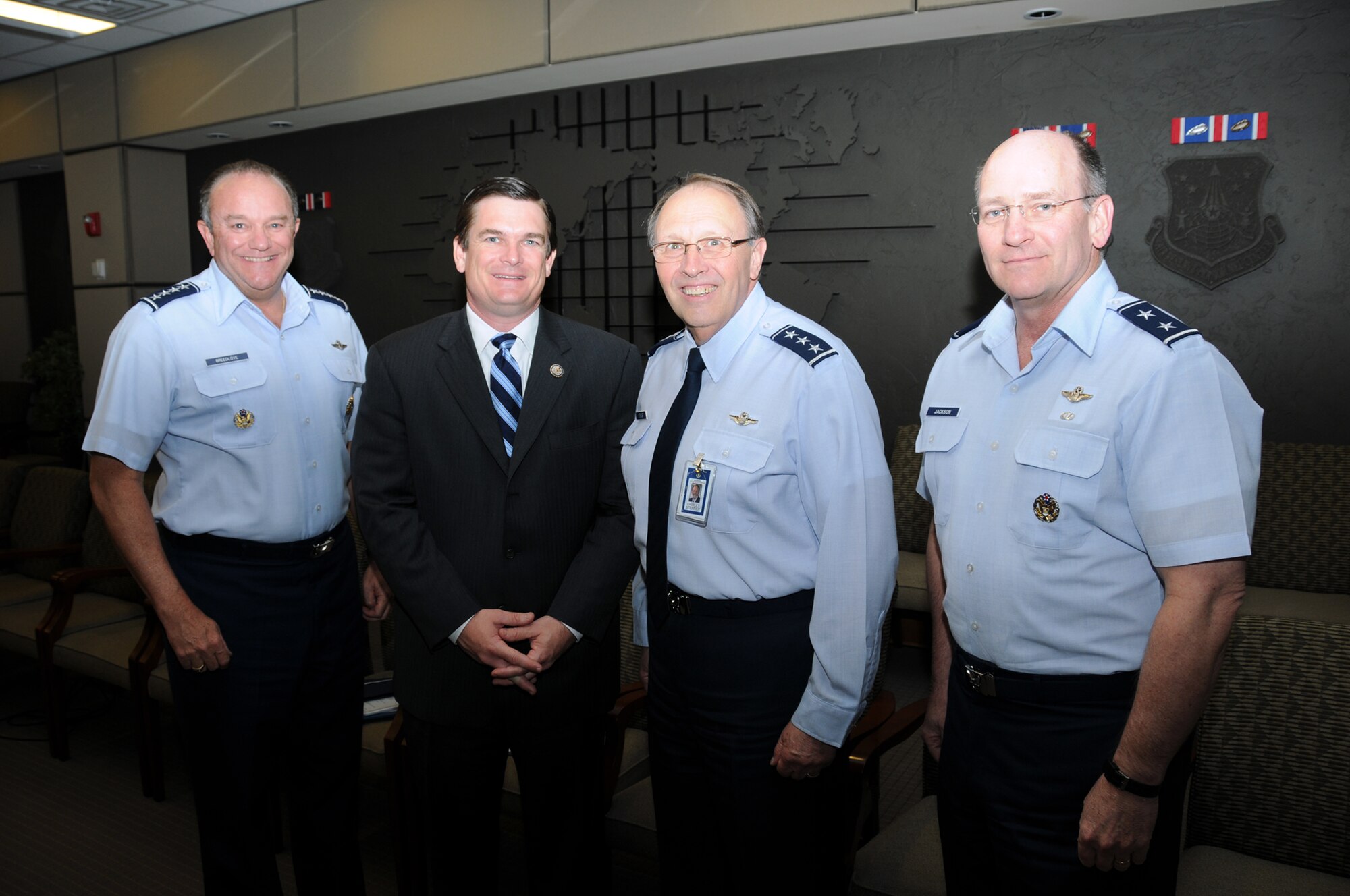 ROBINS AIR FORCE BASE, Ga. -- Gen. Philip Breedlove, Air Force vice chief of staff; U.S. Congressman Austin Scott, (R-GA); Lt. Gen. Charles E. Stenner, Jr., commander,  Air Force Reserve Command; and Maj. Gen. James “JJ” Jackson, deputy to the chief of Air Force Reserve, pose after completing a two-hour visit to AFRC headquarters April 30, 2012. Stenner and the command’s senior staff briefed the congressman and the vice chief on manpower, budget, Total Force Integration initiatives and the Force Generation Center. (U.S. Air Force photo/Philip Rhodes) 