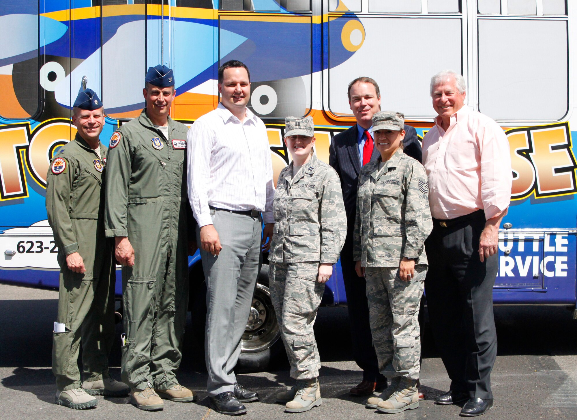 In the interest of community partnership and understanding, the U.S. Air Force Reserve's 944th Fighter Wing at Luke Air Force Base, were treated to a tour of the City of Surprise, Ariz., April 19th. During the tour, Wing Staff learned about the history and planning of Surprise as well as industrial and commercial projects currently in work. 

Pictured here from left to right: Lt. Col. Chris Fellhoelter, Chief of Safety, Col. Jose Monteagudo, commander, 944th Fighter Wing, Adam Copeland, City Planner, Capt. Elizabeth Magnusson, Public Affairs Officer, Mike Hoover, Economic Development Supervisor, Tech. Sgt. Josephina Amparan, Military Human Resources Specialist, and Joseph Kellum, Managing Director of Development and Finance, Uphoff Ventures-business newcomer to Surprise, with Uptown Alley, an entertainment mega-center. (U.S. Air Force Photo by Tech Sgt. Meredith Mingledorff) 
