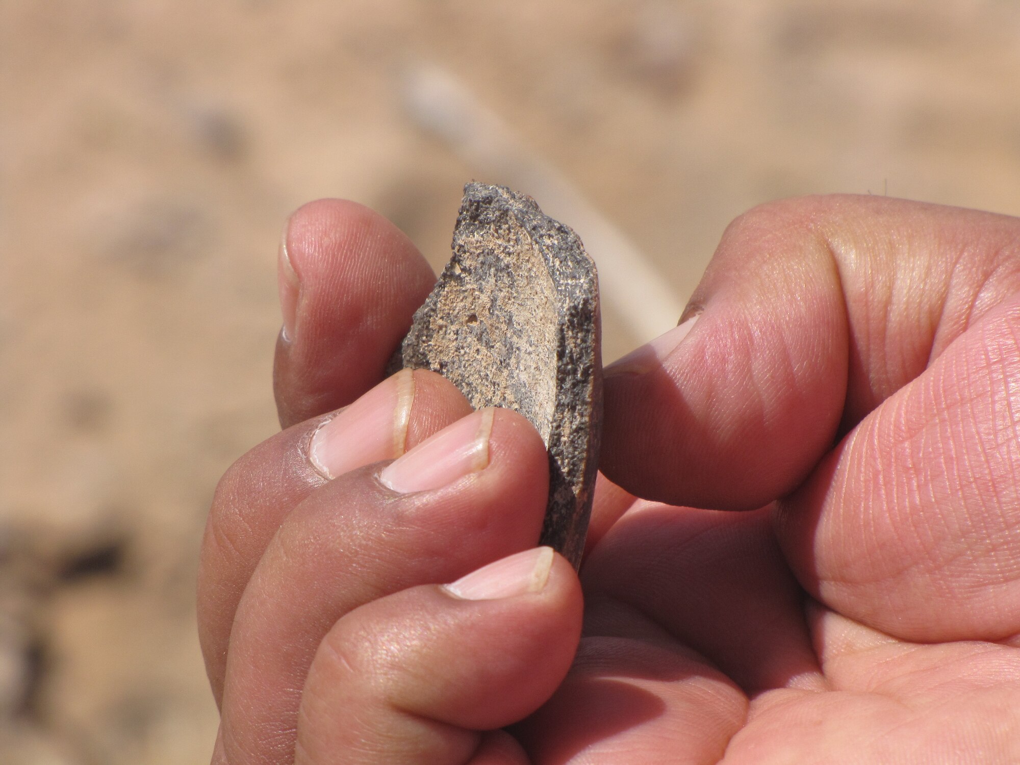 A traditional religious tribal leader holds a pottery shard found at Lago Saco during a three-day consultation meeting with Native American tribes from Arizona and New Mexico. This particular shard lay in the desert untouched by 56th RMO archaeologists until the tribal leader could verify what it was. Some cultural items are considered sacred and should not be handled by anyone other than a tribal member.  (U.S. Air Force photy by Adrianne Rankin)